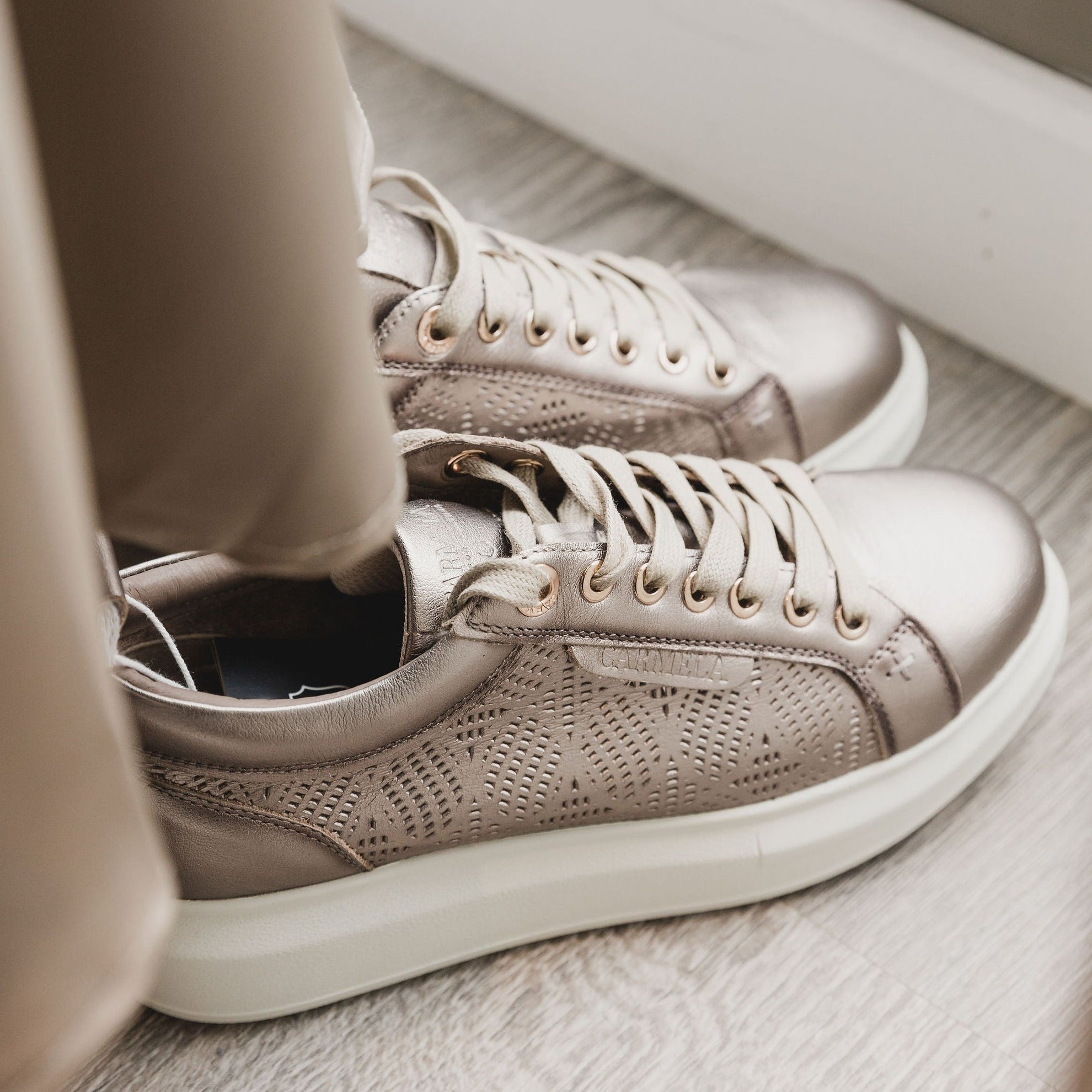 Carmela Openwork Metallic Leather Trainers
