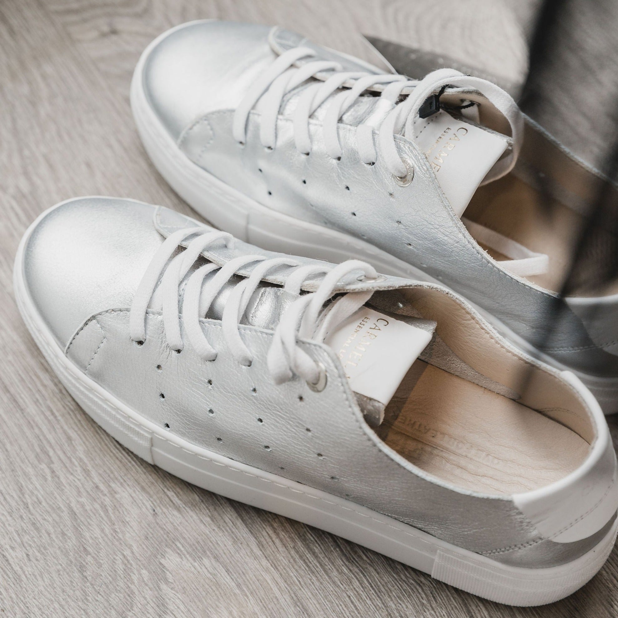 Silver leather trainers uk online