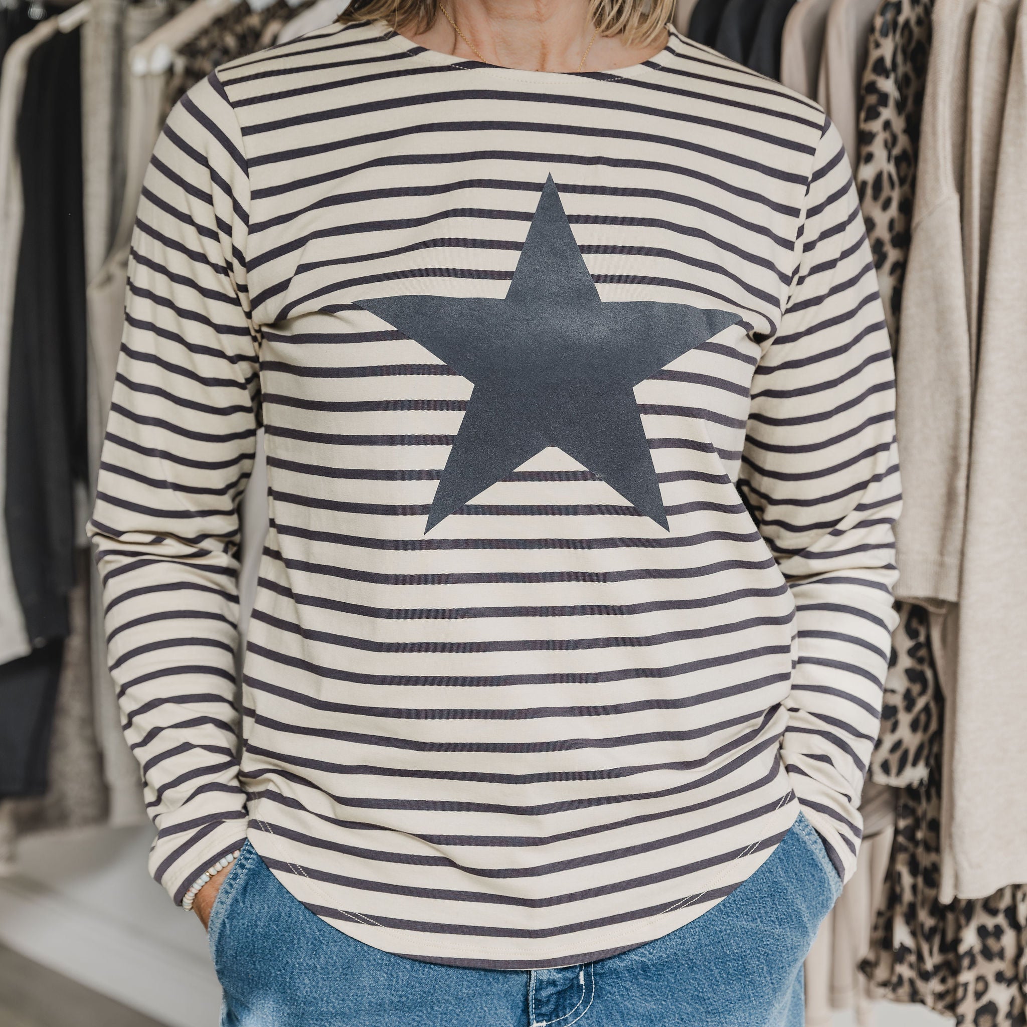 Chalk Fleur Stripe T-Shirt with Giant Grey Star