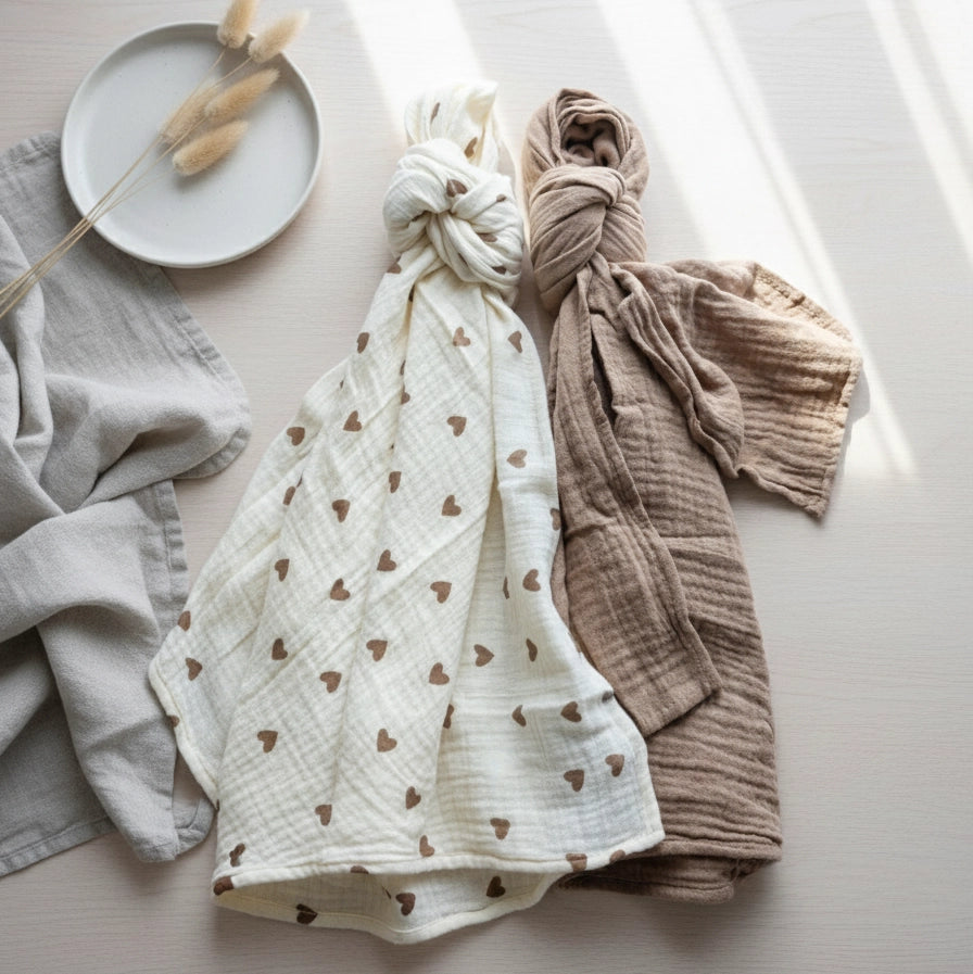 Heart & Taupe Muslin Cloths (Set of 2)