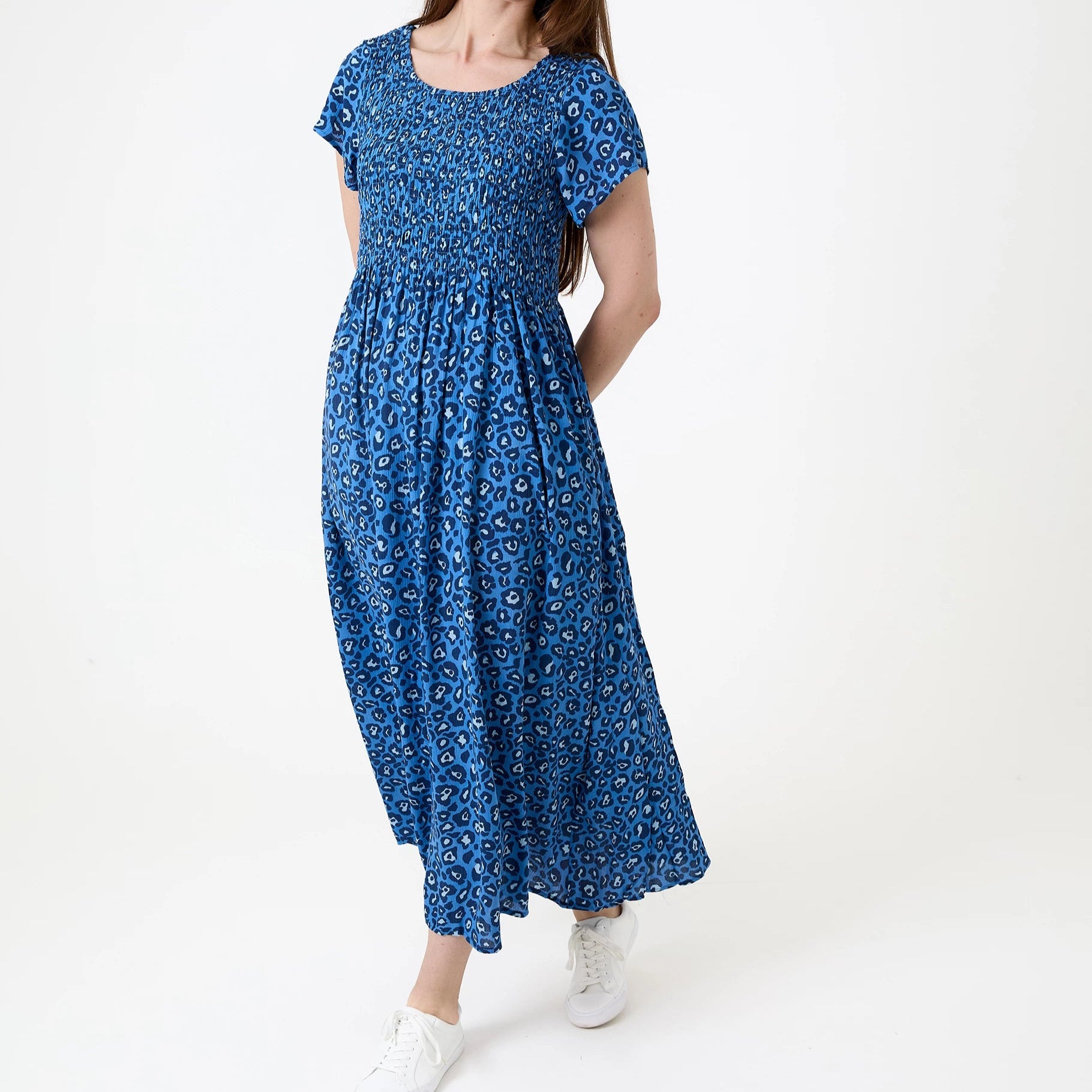 Tonal Leopard Short Sleeve Shirring Dress