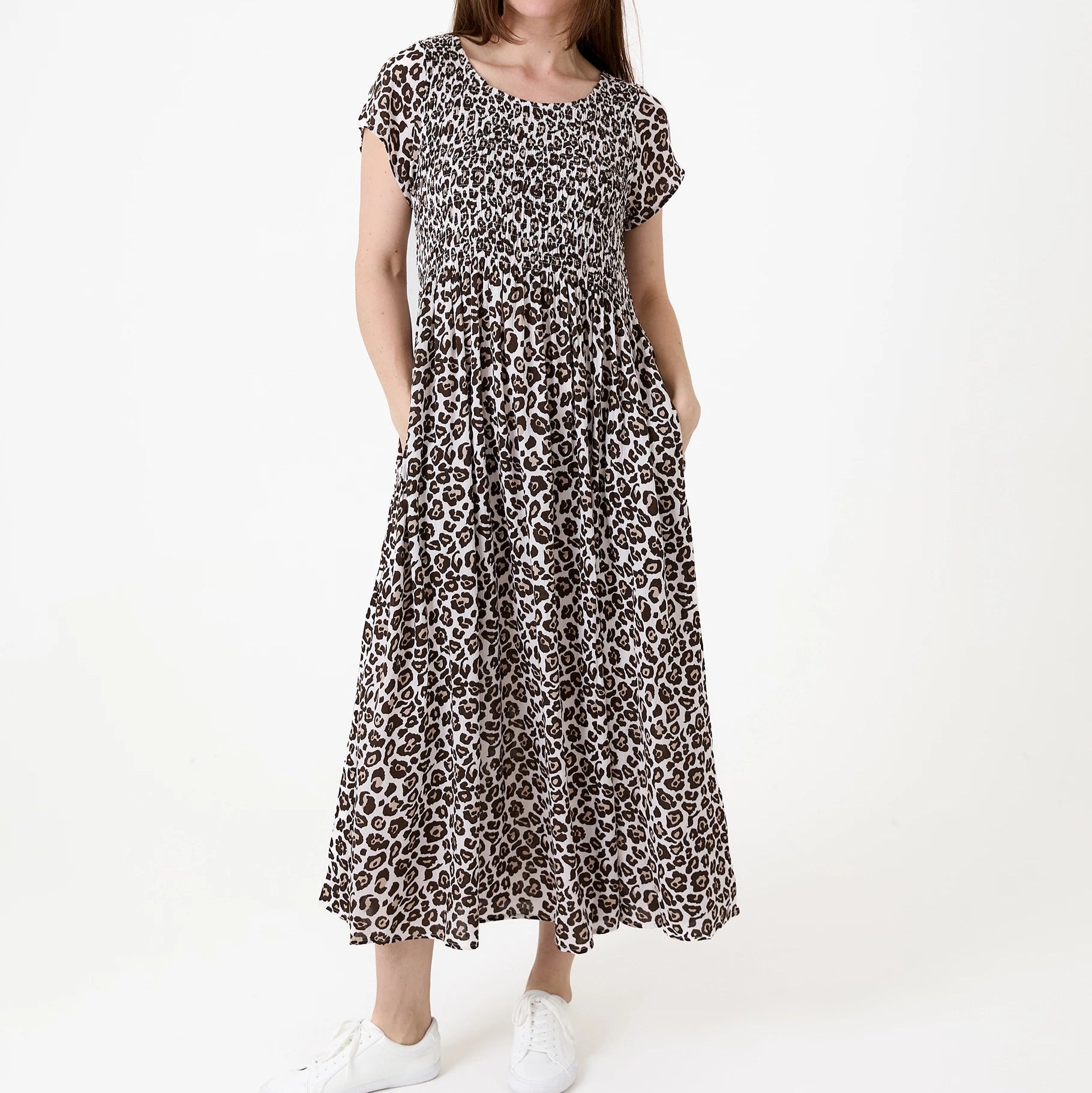 Tonal Leopard Short Sleeve Shirring Dress