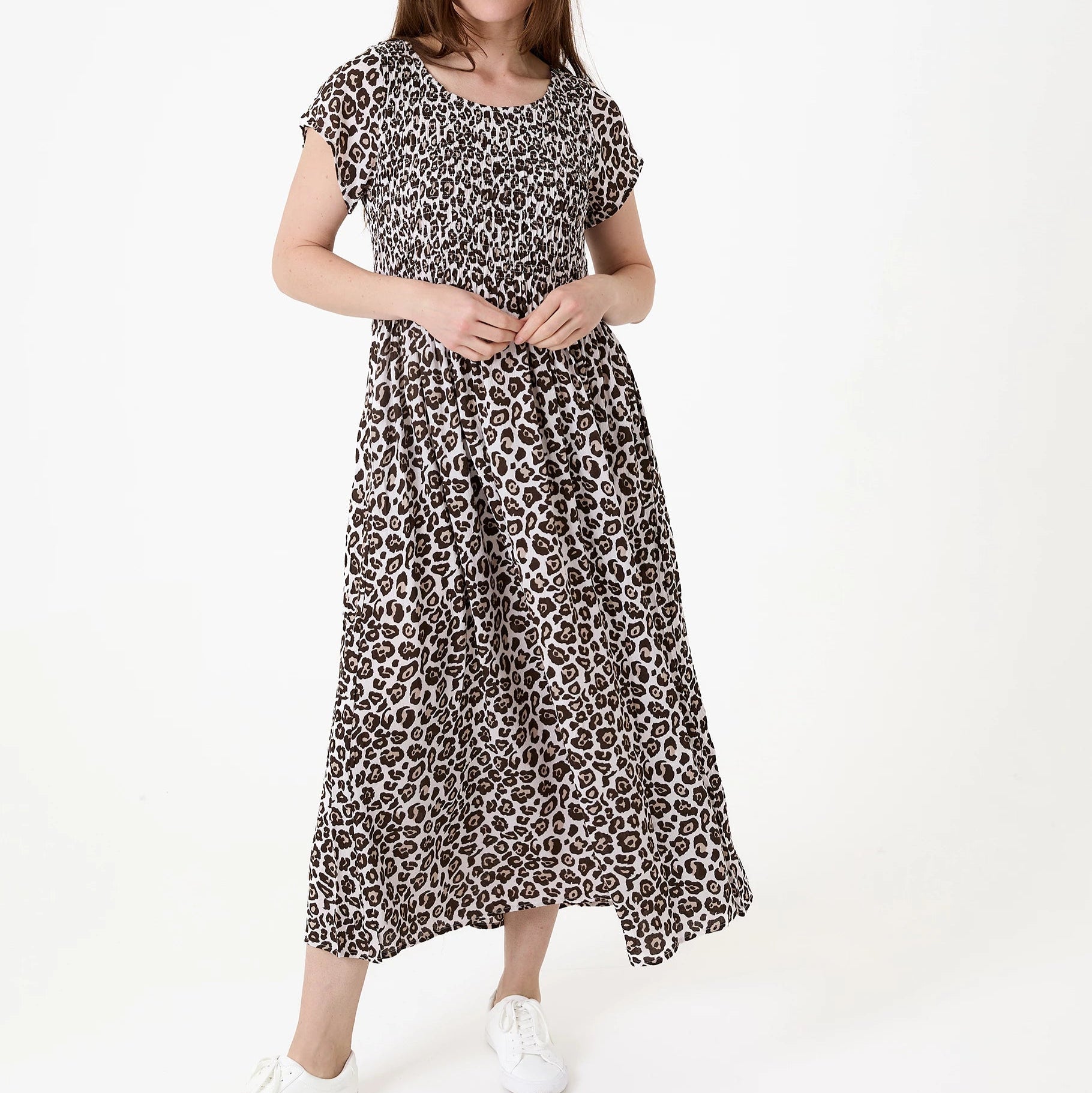 Tonal Leopard Short Sleeve Shirring Dress