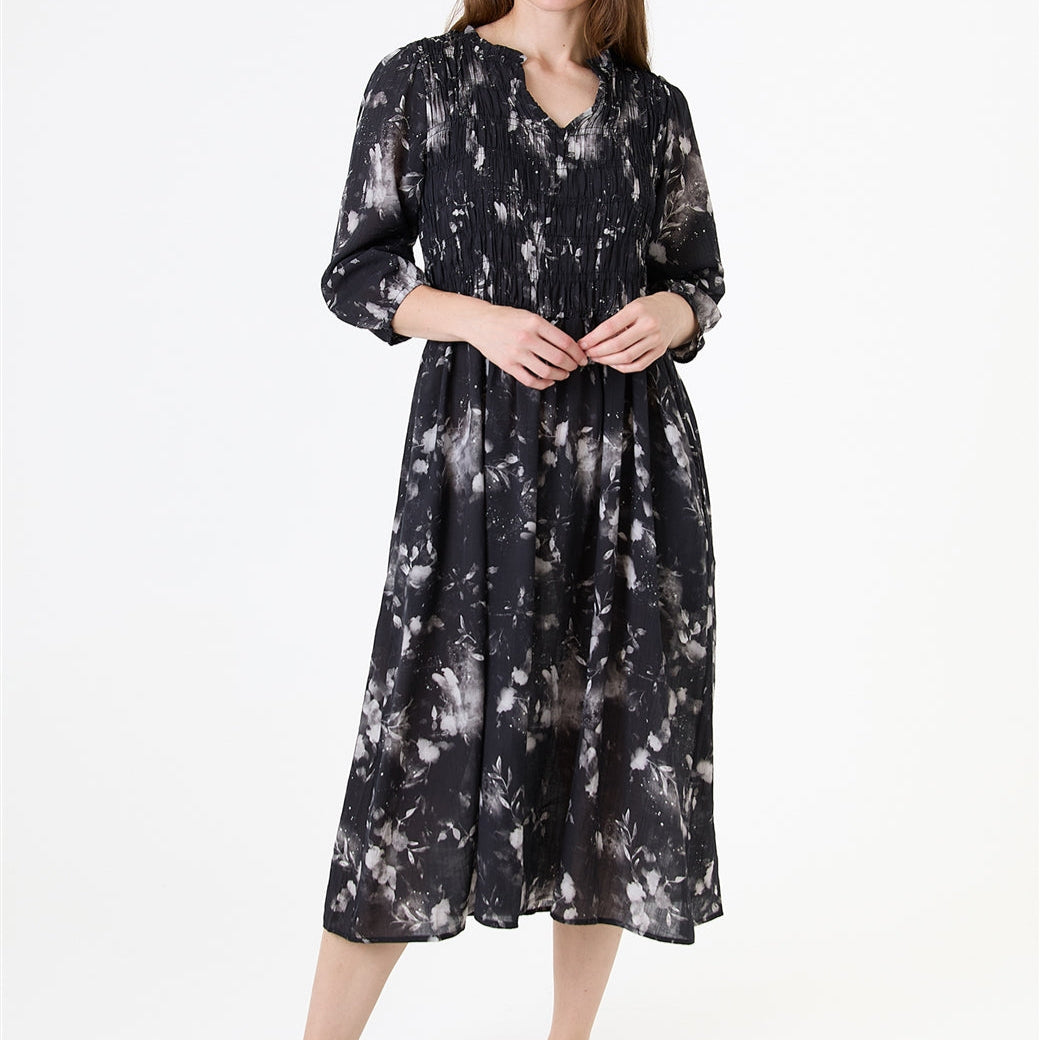 Floral Foliage Shirring Notch Neck Dress