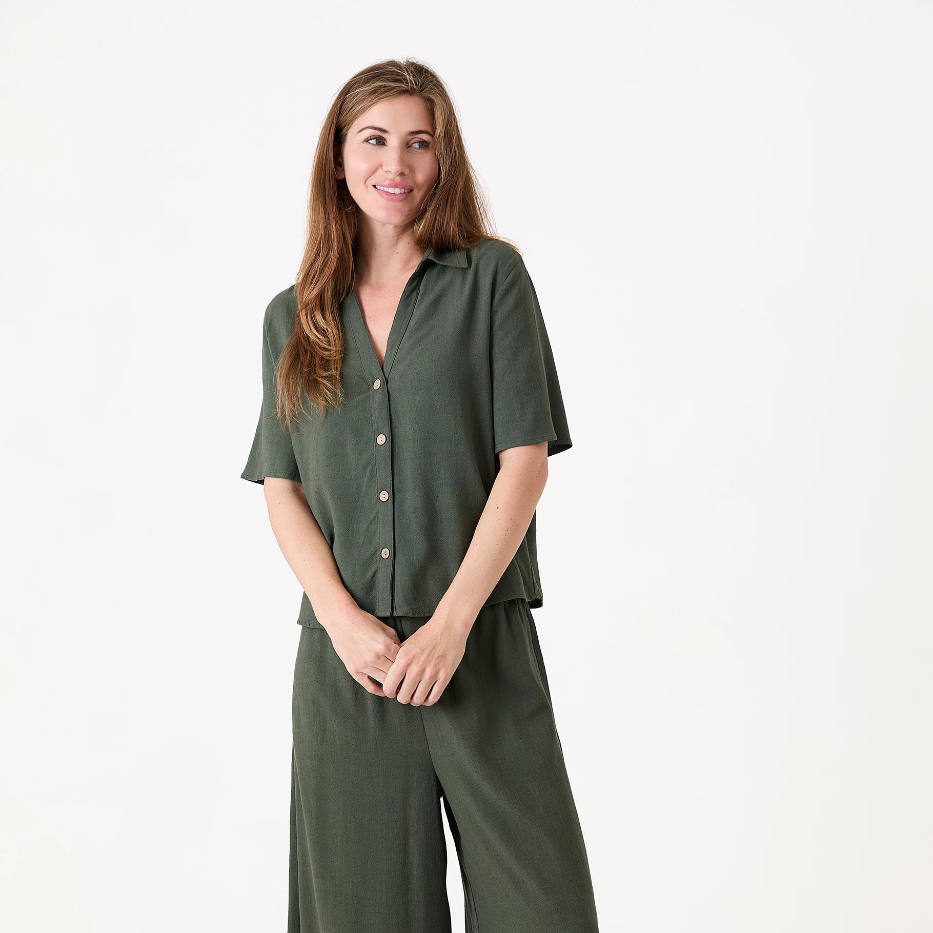 Linen Viscose Short Sleeve Notch Neck Boxy Shirt