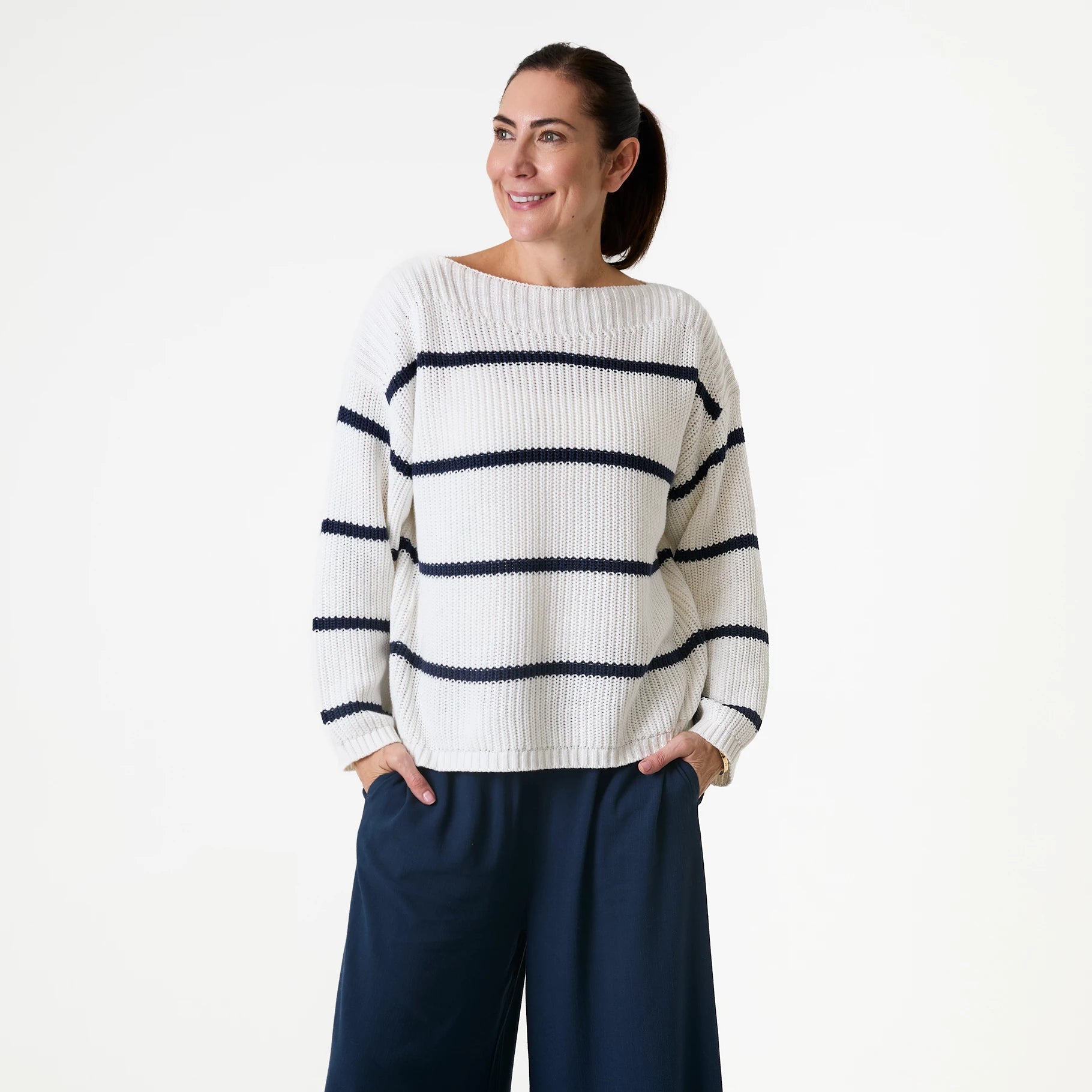 Cotton Mix Boat Neck Stripe Jumper