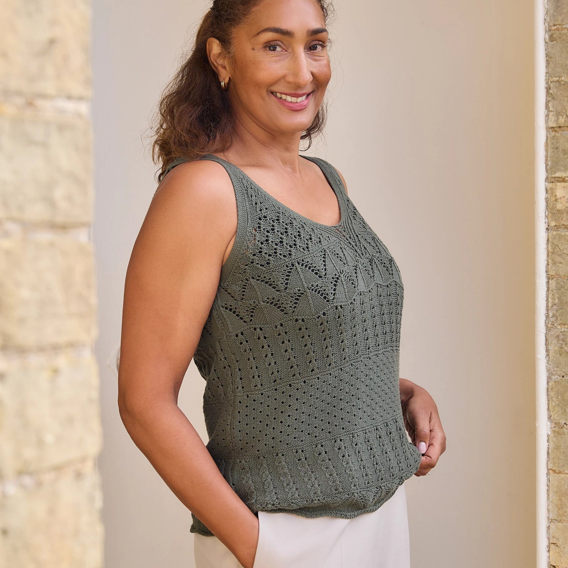 Cotton Mix Pointelle V Neck Vest Top