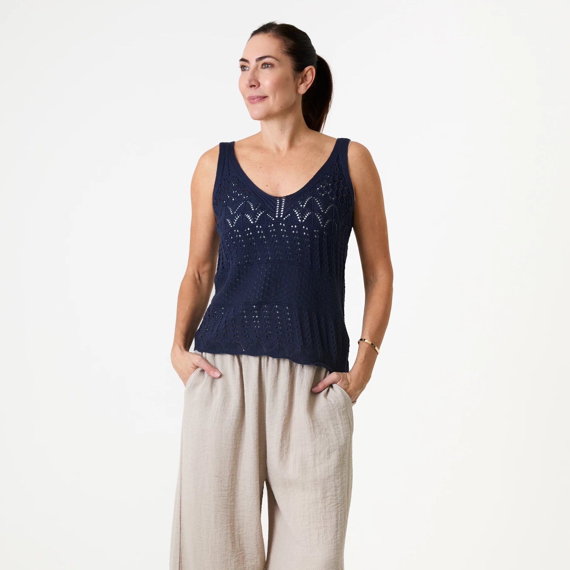 Cotton Mix Pointelle V Neck Vest Top