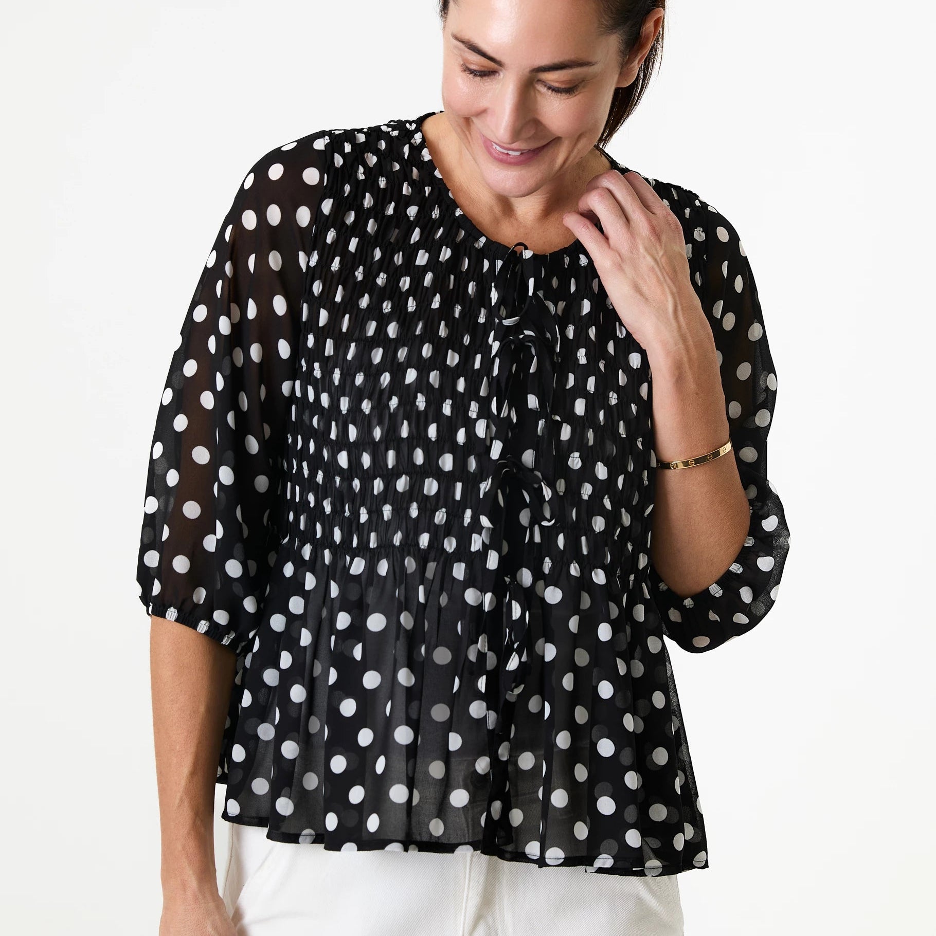 Polka Dot Shirred Body Tie Front Blouse