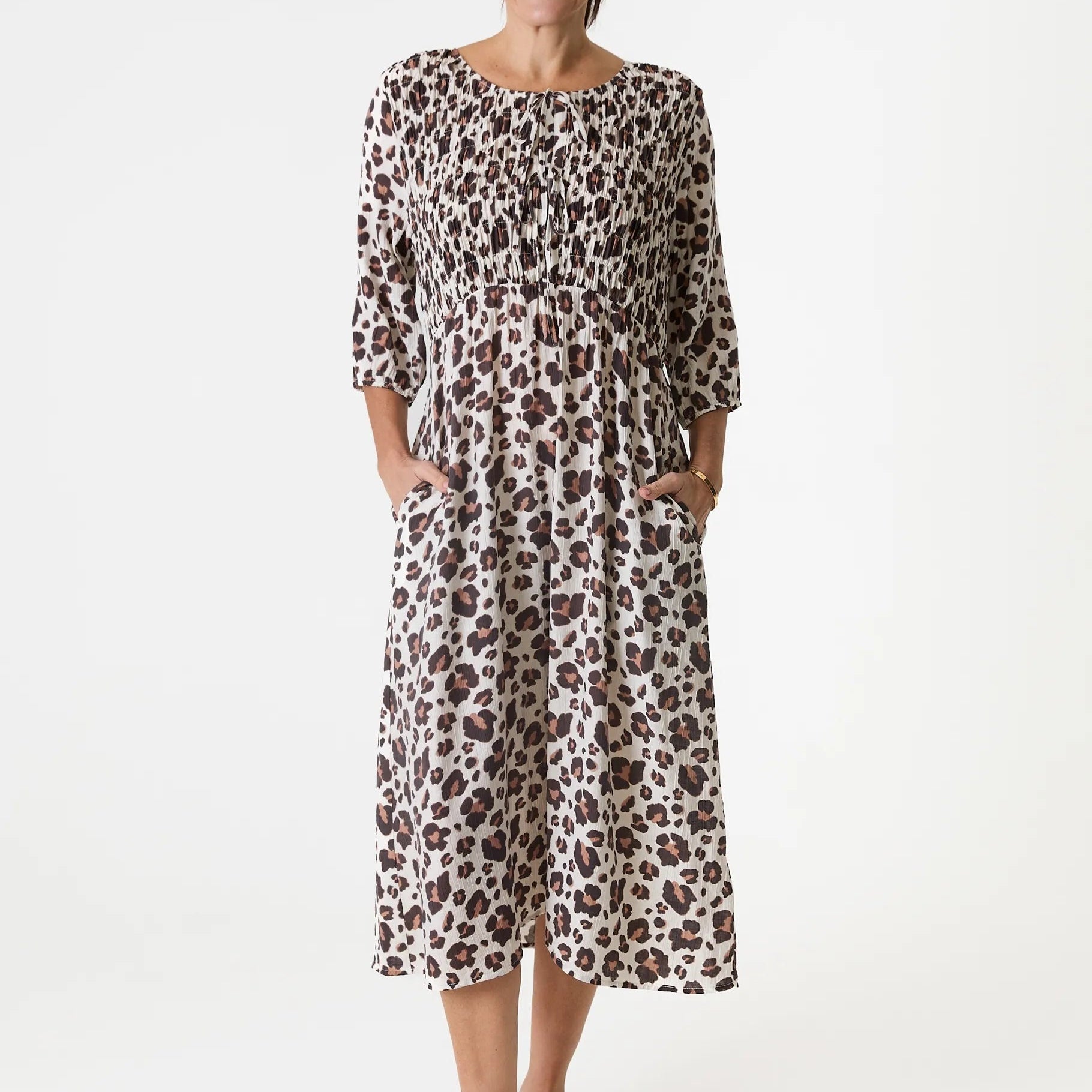 Leopard Smudge Shirred Tie Front Midi Dress