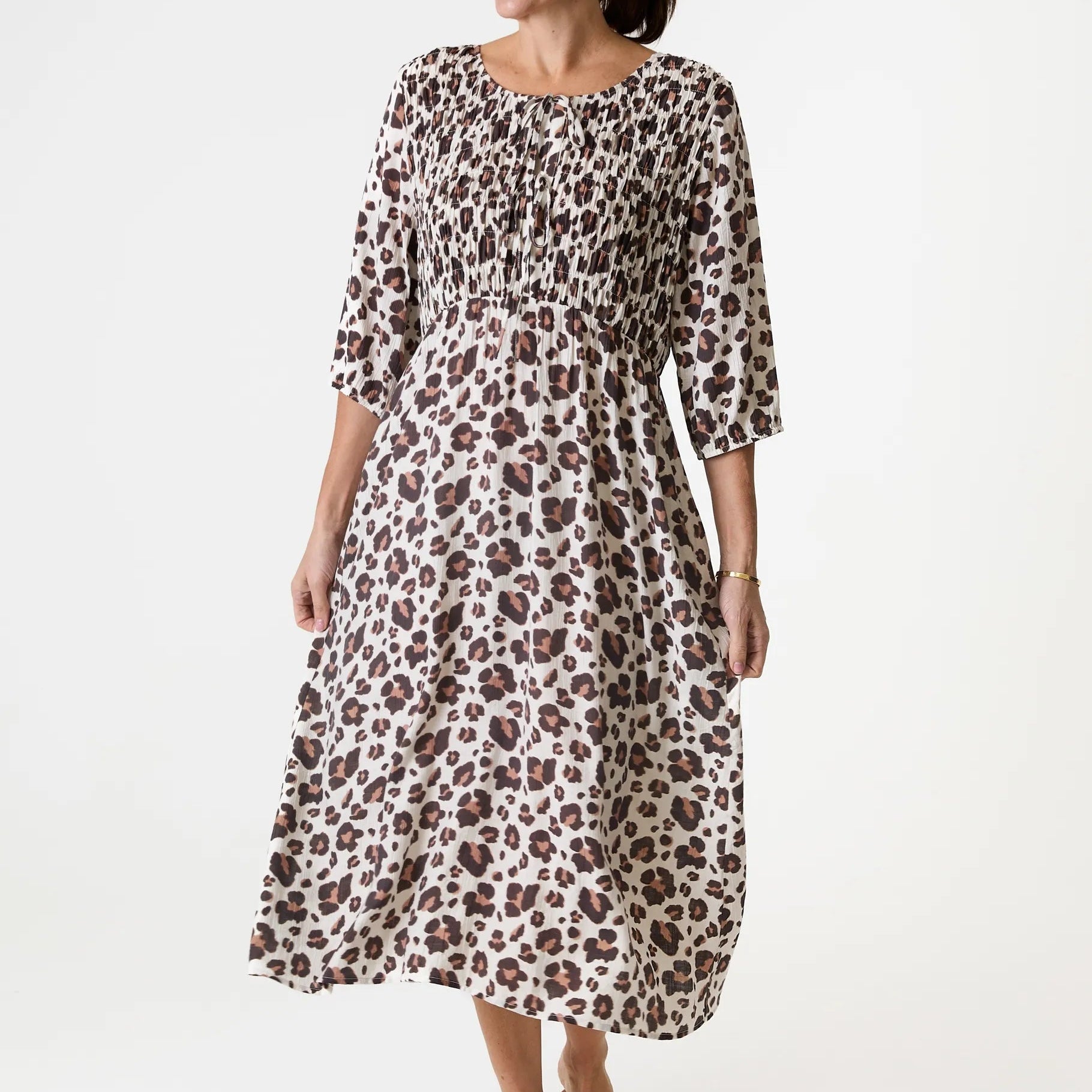 Leopard Smudge Shirred Tie Front Midi Dress