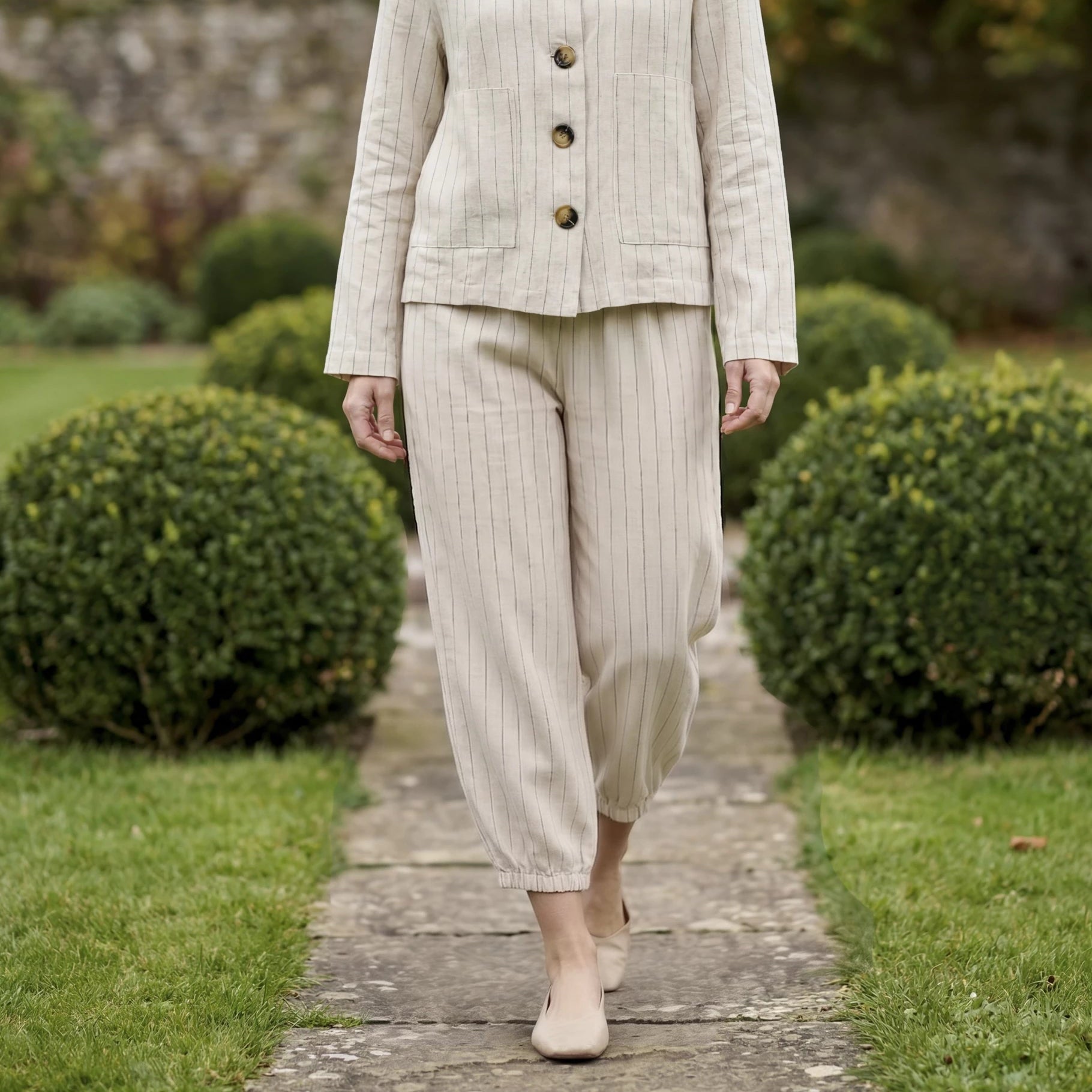 Linen Pinstripe Cropped Barrel Leg Trouser
