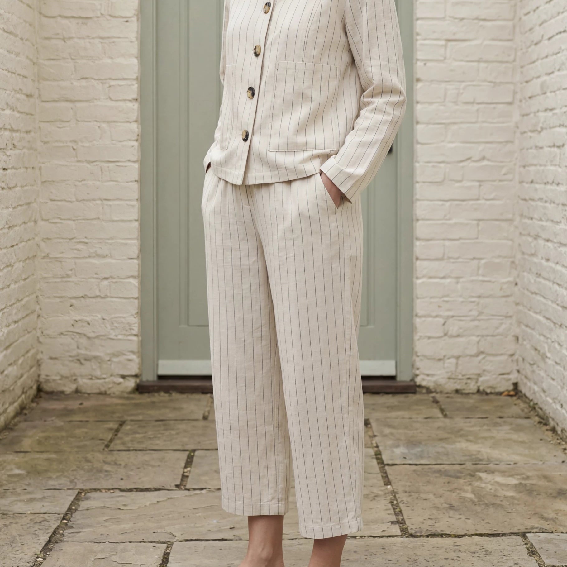 Linen Pinstripe Cropped Barrel Leg Trouser