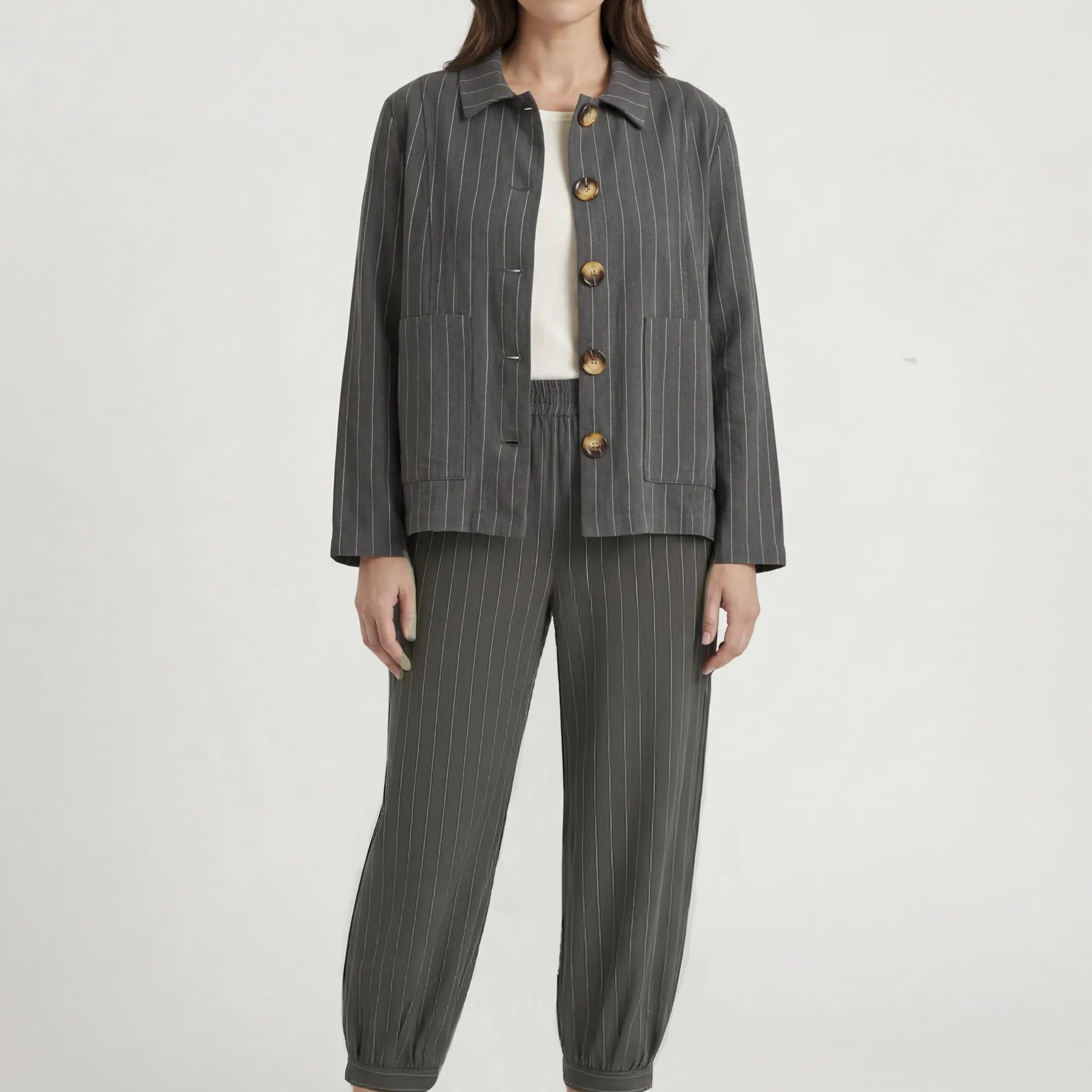 Linen Pinstripe Boxy Collar Jacket