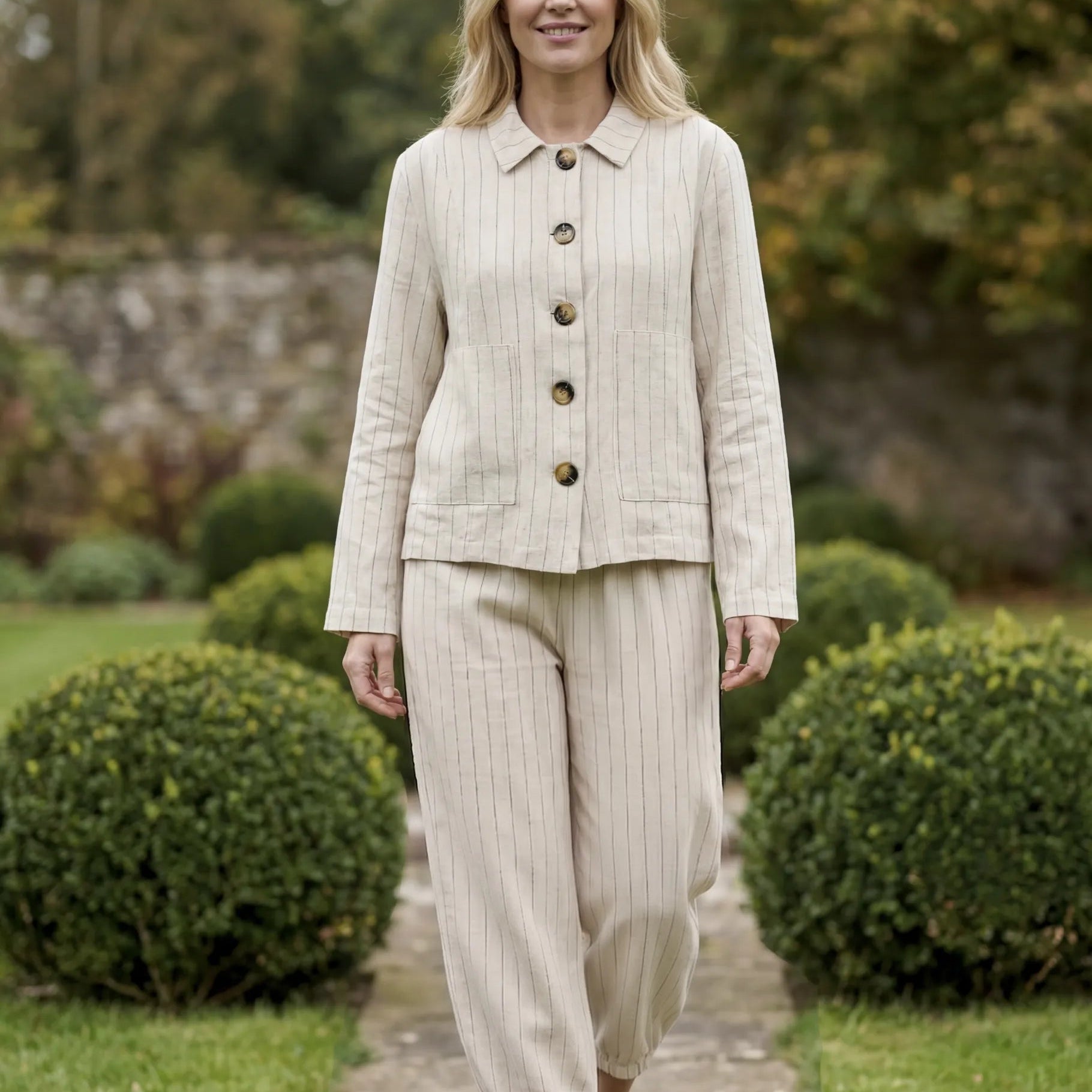 Linen Pinstripe Boxy Collar Jacket