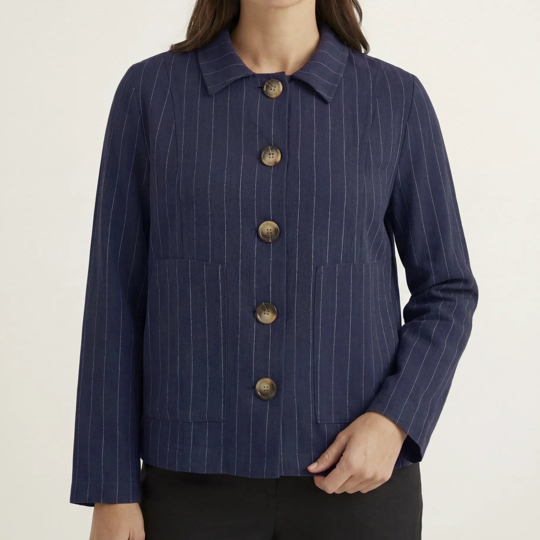 Linen Pinstripe Boxy Collar Jacket