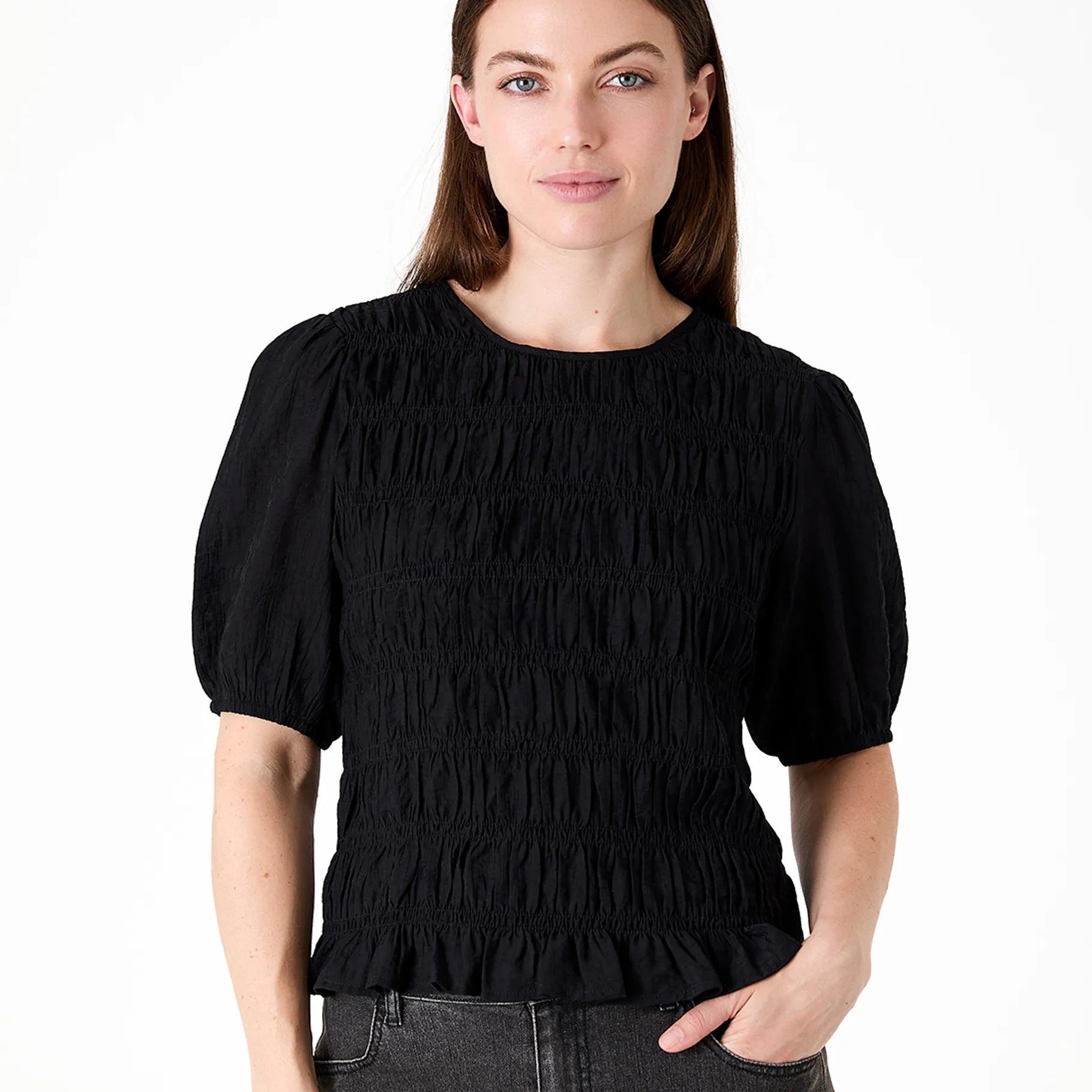Textured Shirred Bodice Short Sleeve Blouse