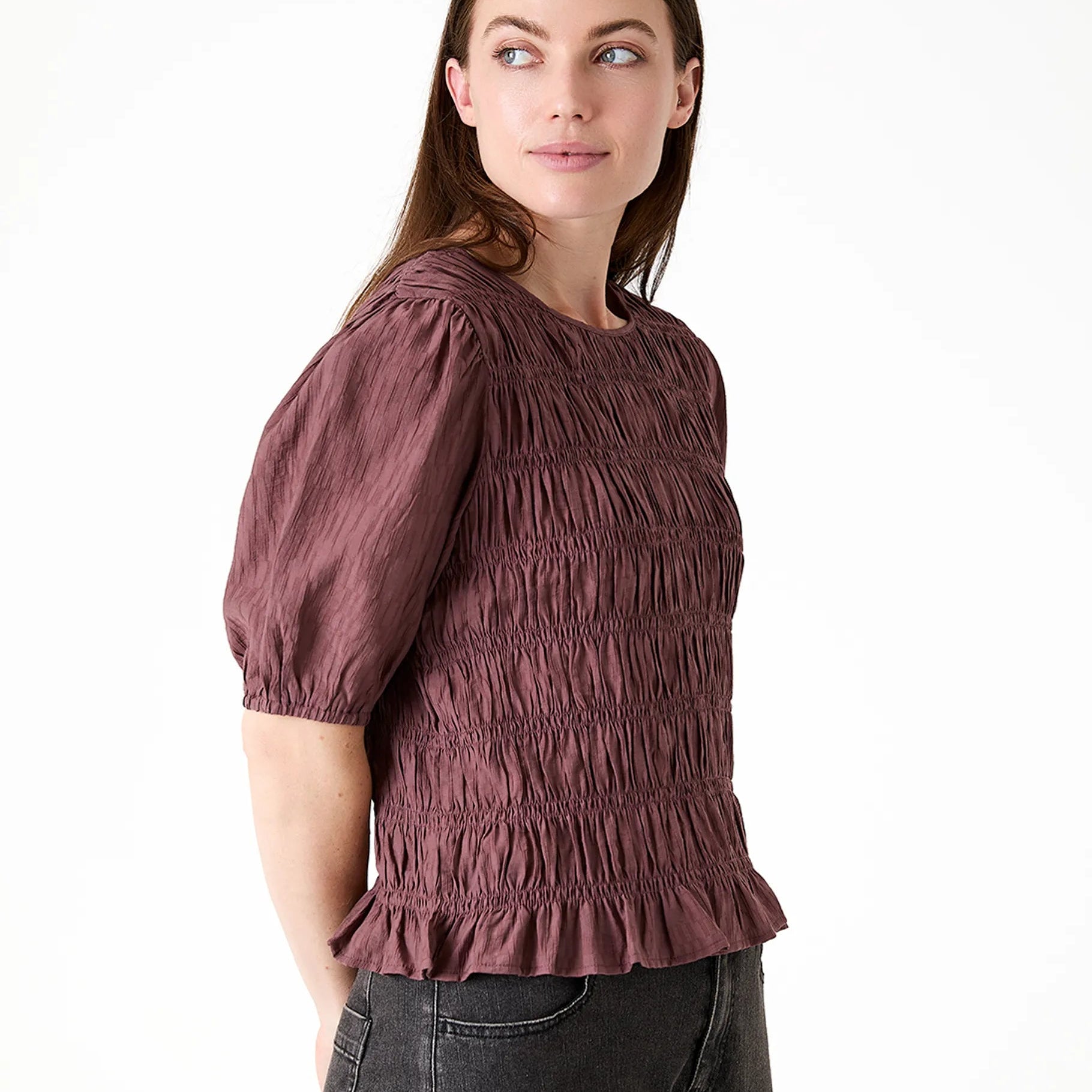 Textured Shirred Bodice Short Sleeve Blouse