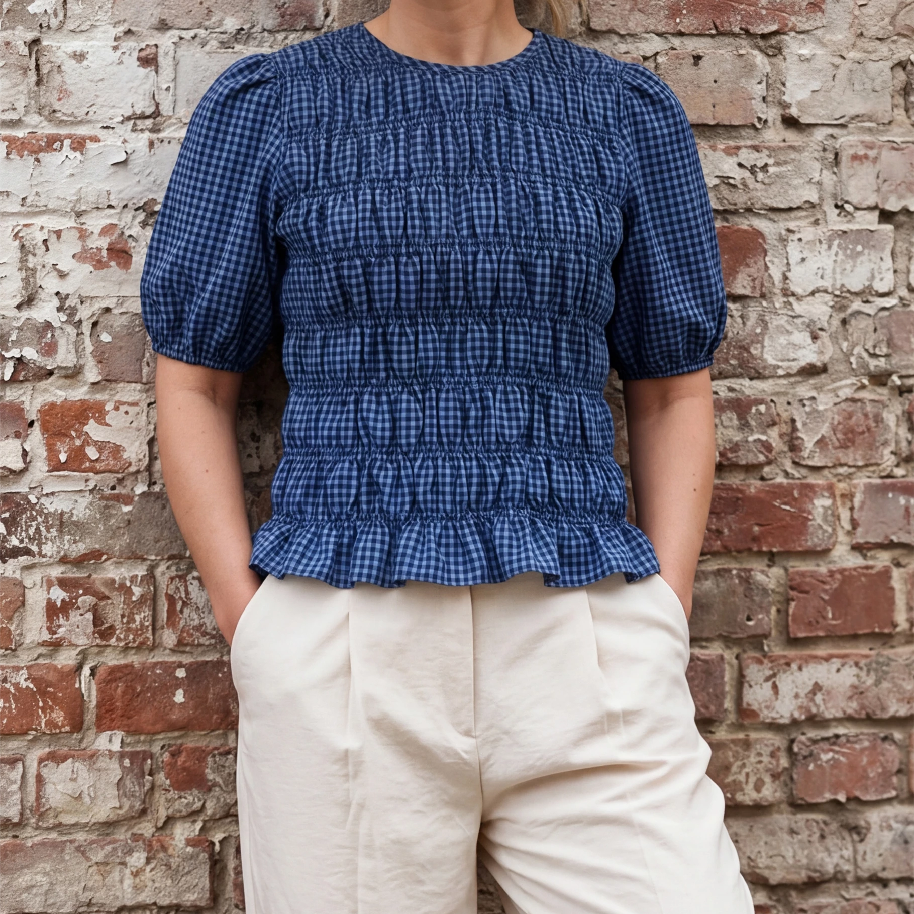 Gingham Check Shirred Bodice Top