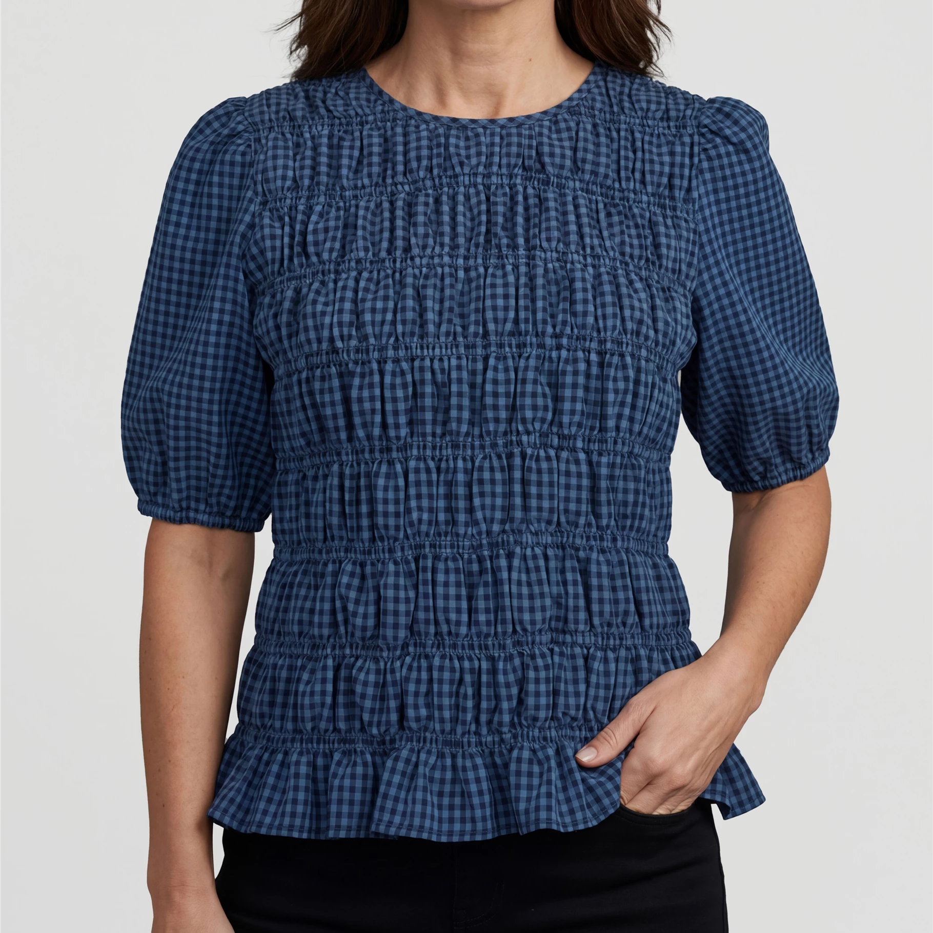 Gingham Check Shirred Bodice Top