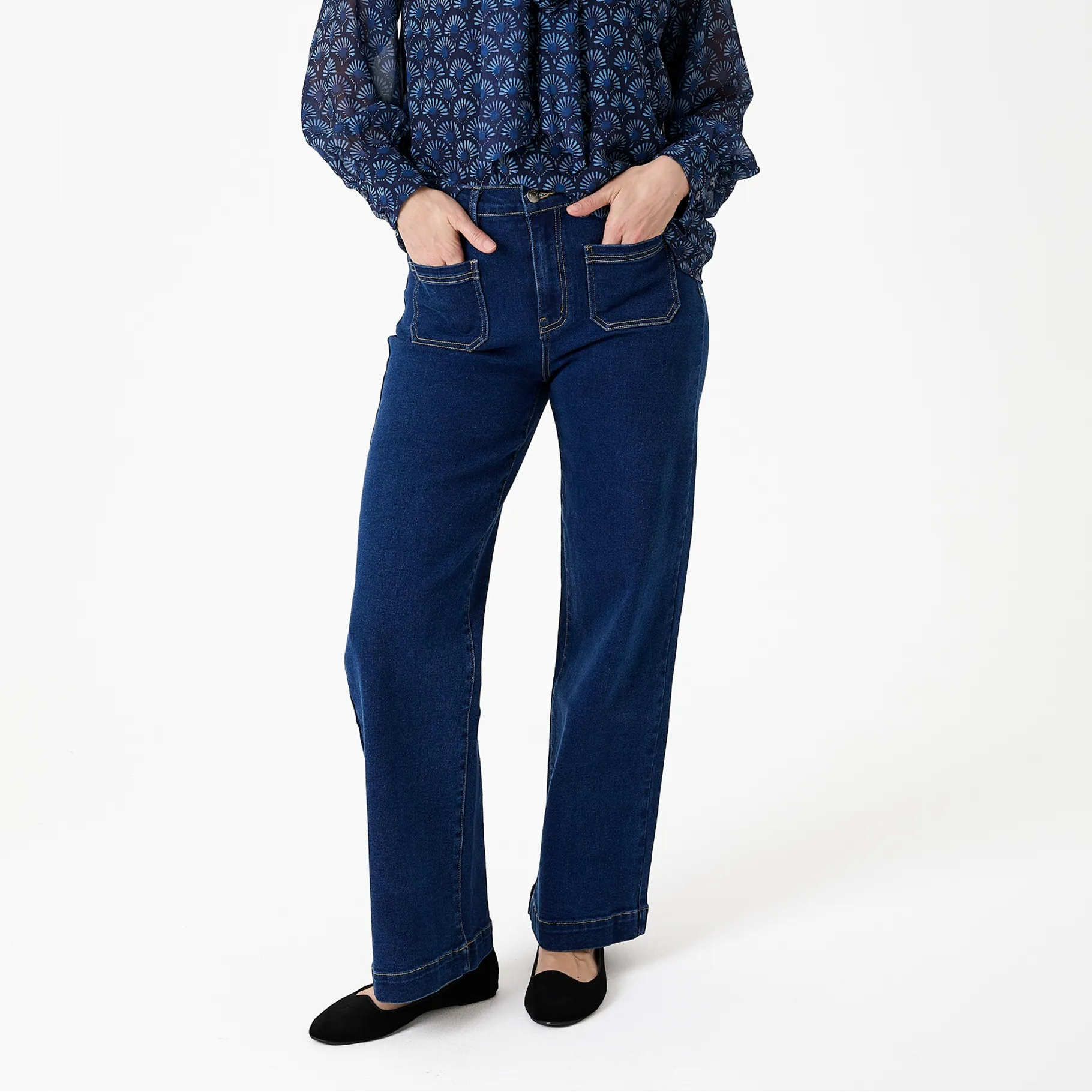 Denim Patch Pocket Front Wide Leg Jean