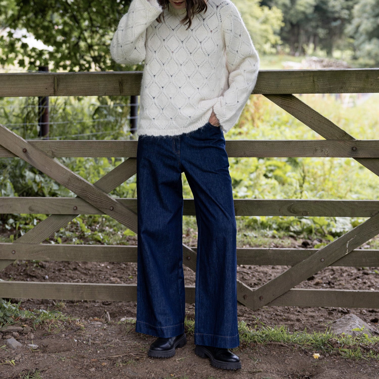 Cotton Denim Wide Leg Jeans