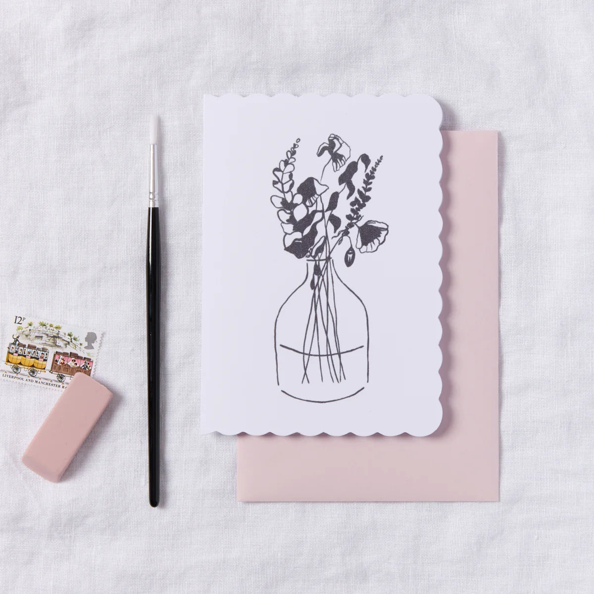 Scalloped Edge Wild Flowers in a Vase Illustration Greetings Card