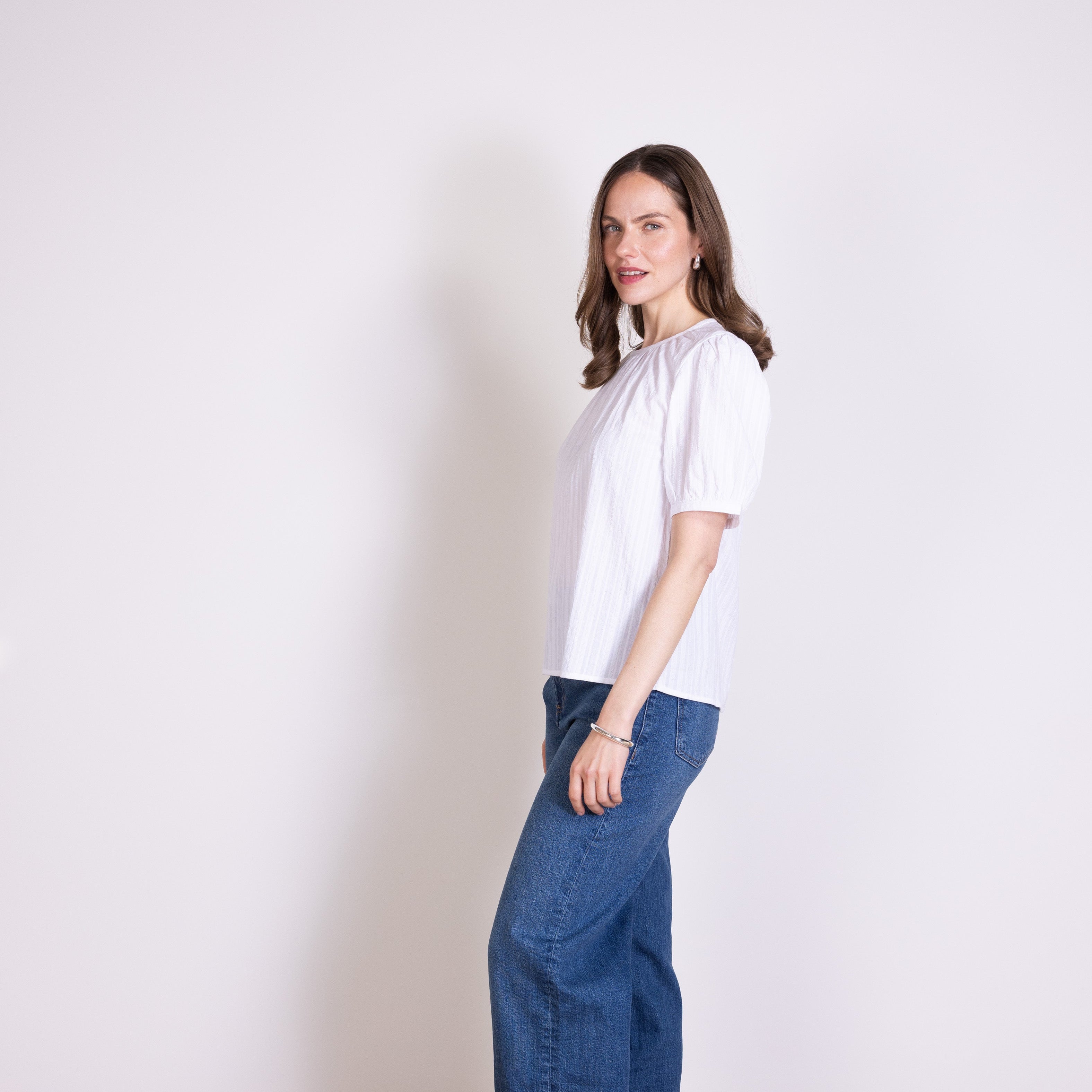 Plain Textured Cotton Puff Sleeve Top