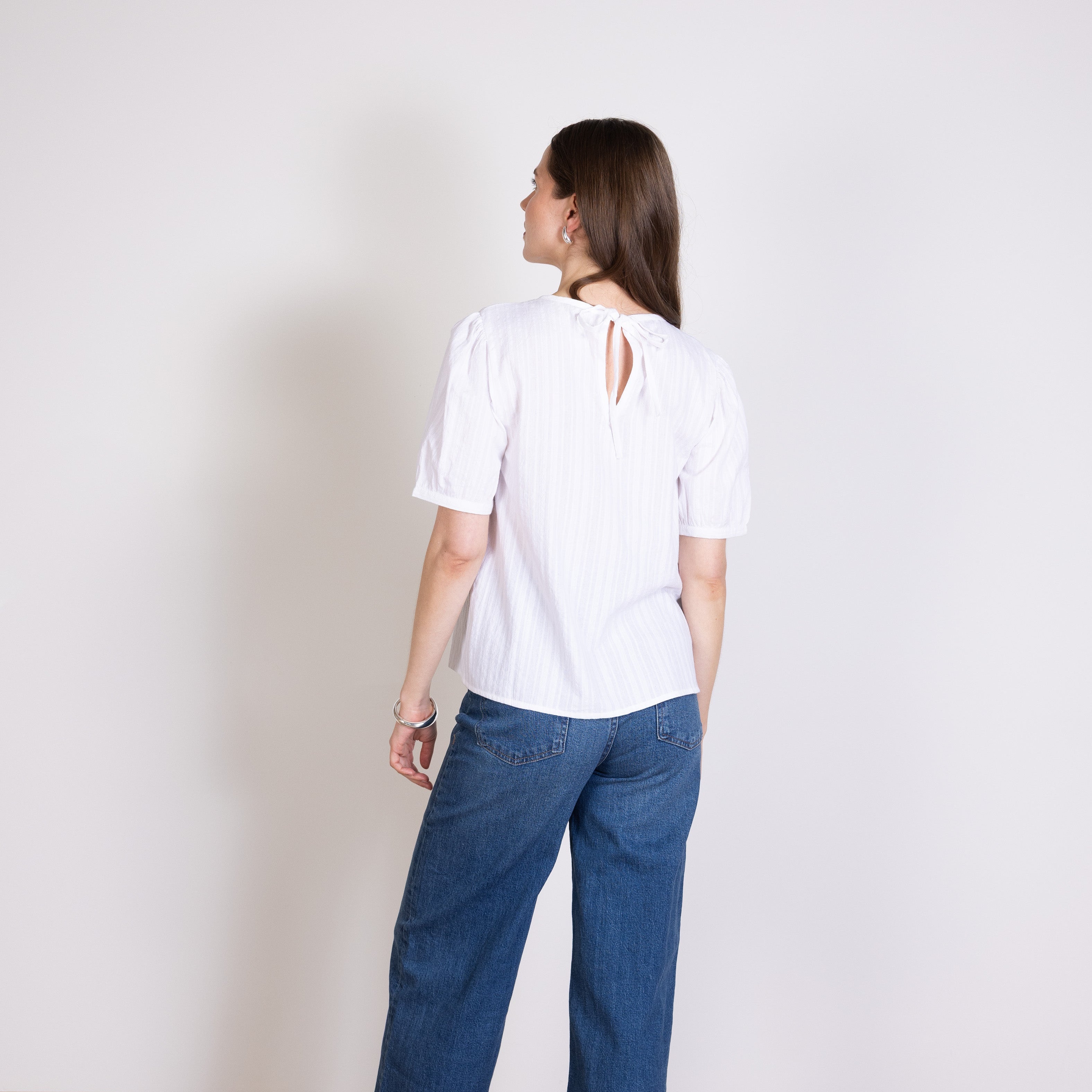 Plain Textured Cotton Puff Sleeve Top
