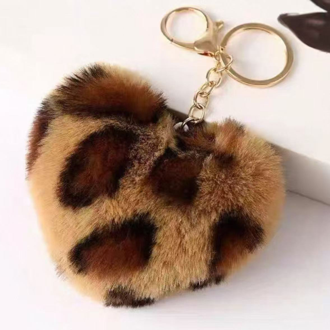 Faux Fur Leopard Print Heart Keyring