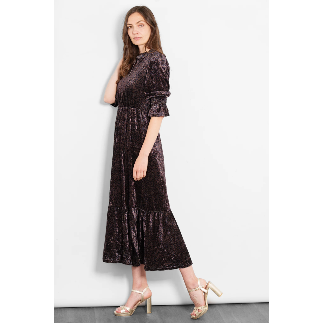 Pandora V Neck Leopard Velvet Midaxi Dress