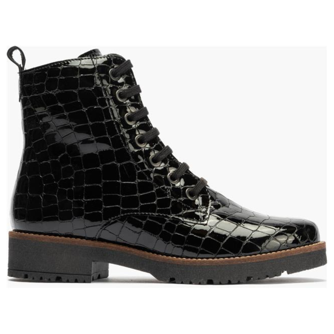 Pitillos Crocodile Print Patent Black Lace Up Boots (10082)