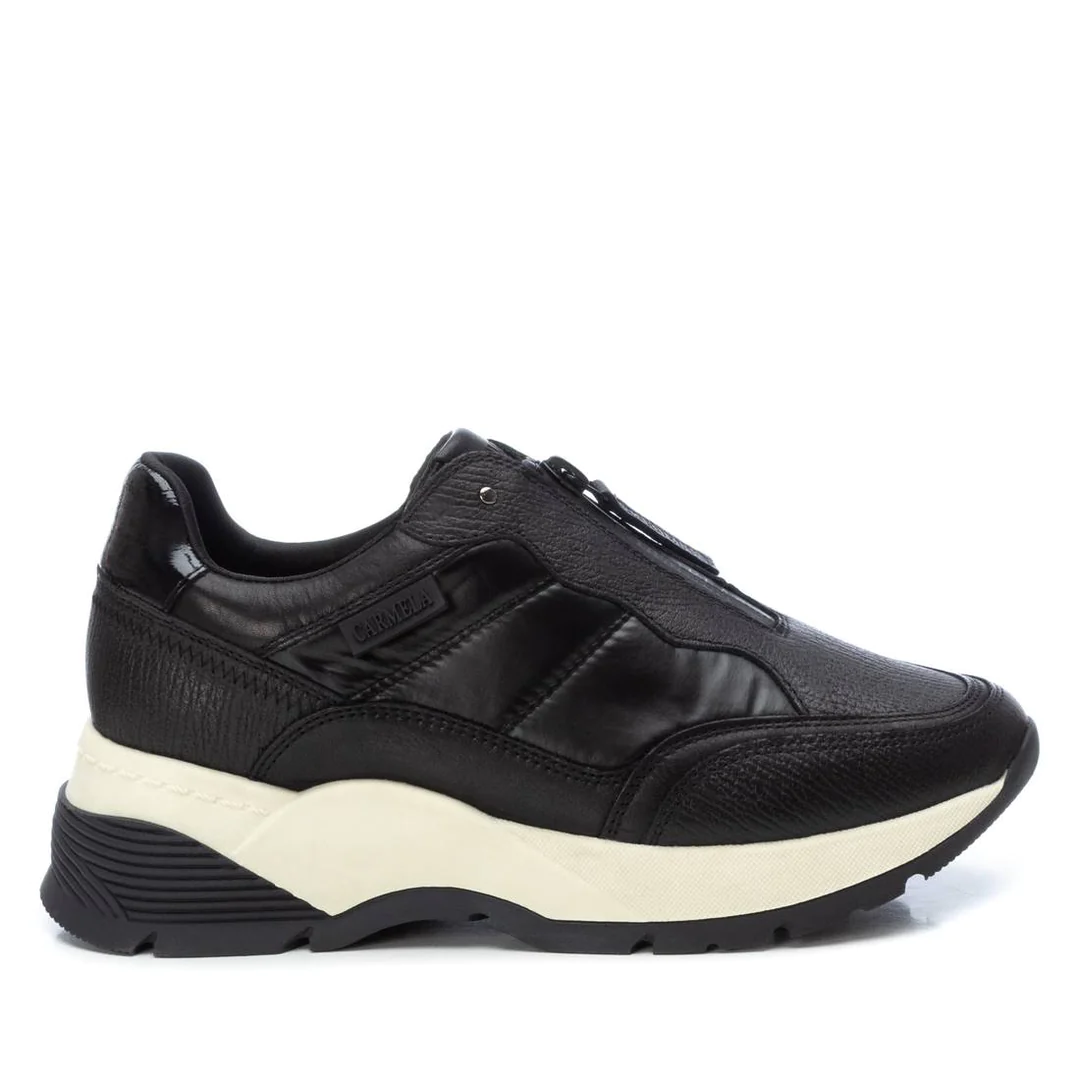 Carmela Black Leather Trainers with White Trim