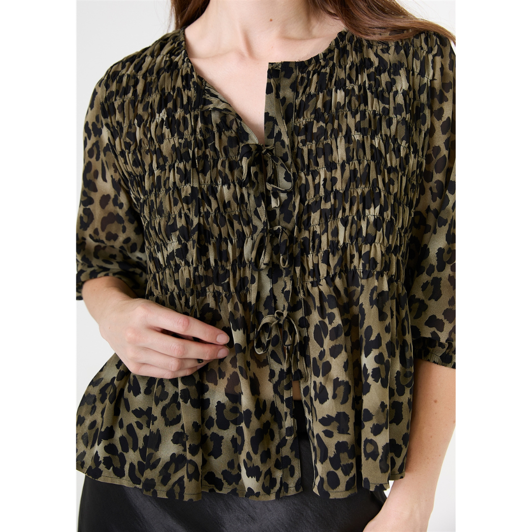 Leopard Print Chiffon Tie Front Shirring Blouse