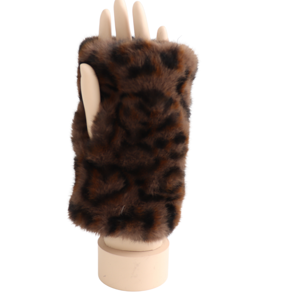 Faux Fur Fingerless Leopard Mittens