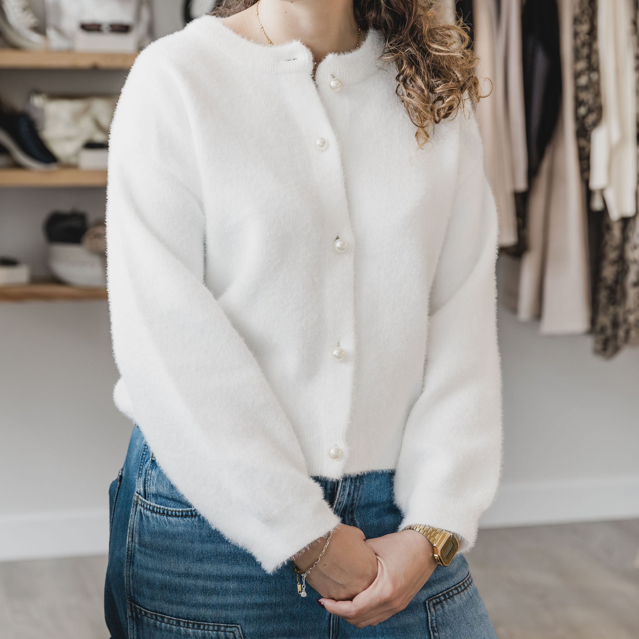 White Leaf Pearl Button Through Cardigan