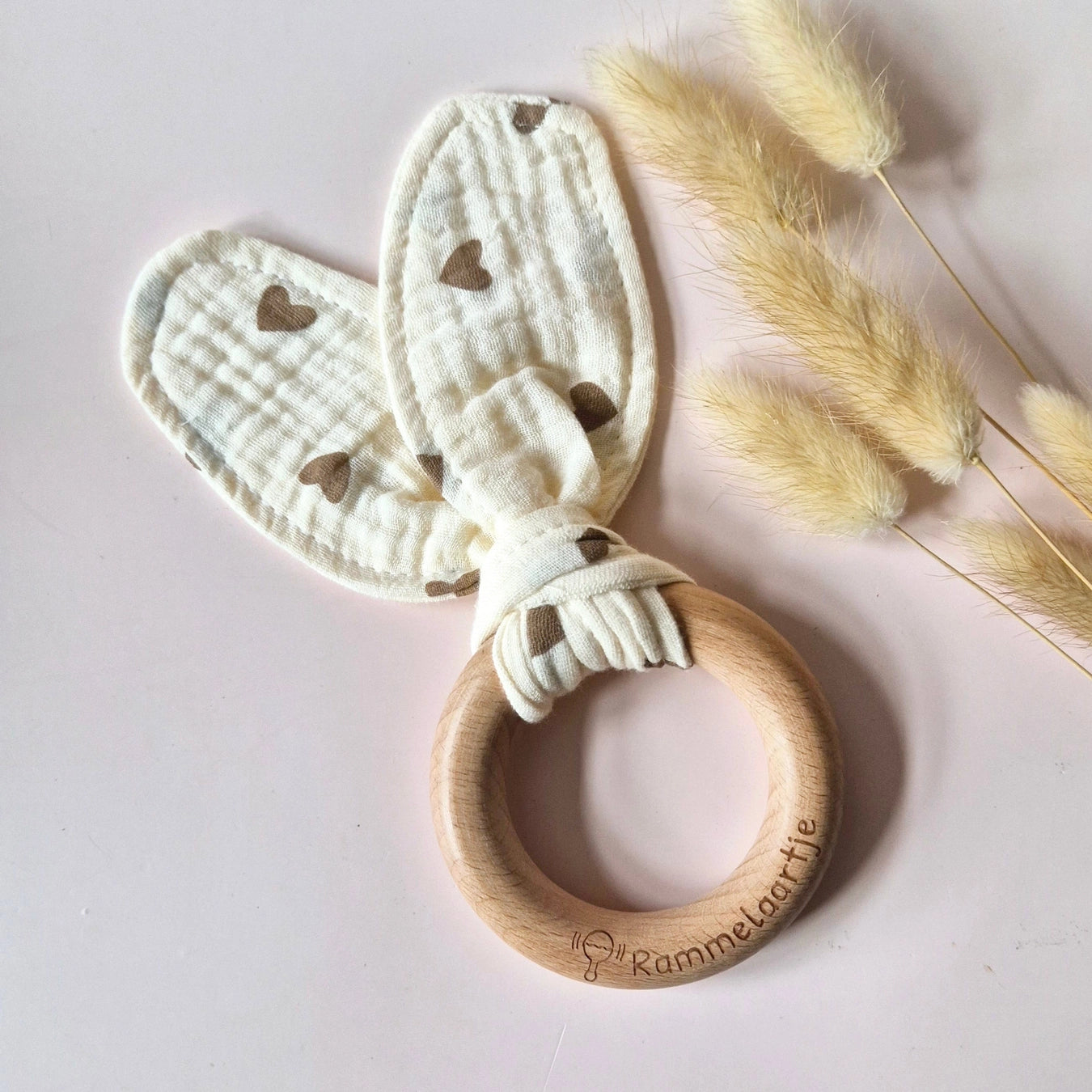 Wooden Teething Ring with Soft Muslin Rabbit Ears