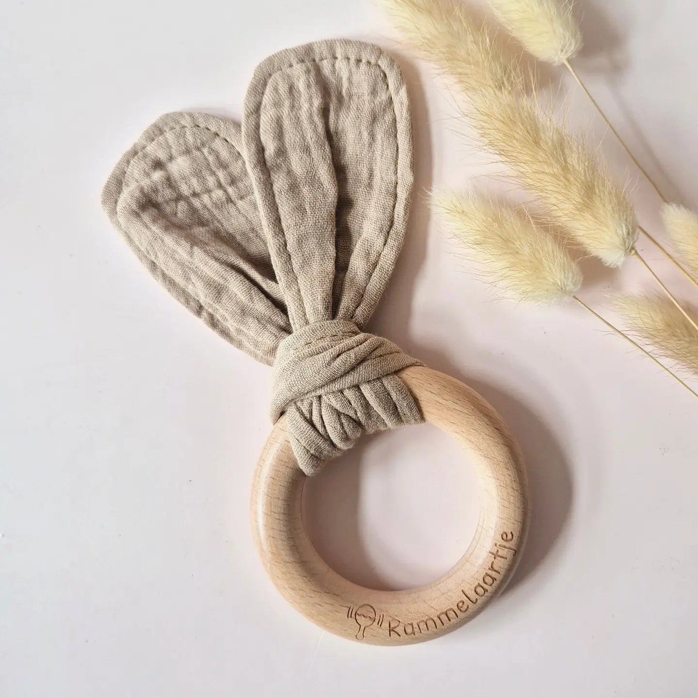Wooden Teething Ring with Soft Muslin Rabbit Ears