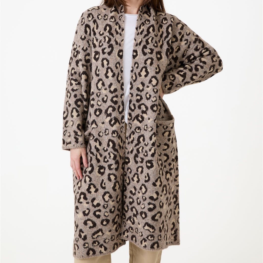 Leopard Jacquard Roll Collar Coatigan
