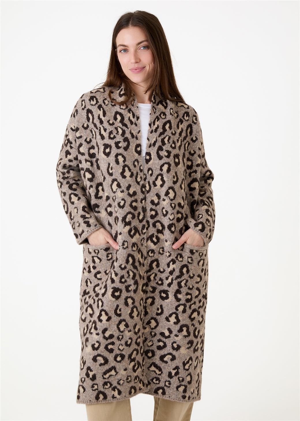 Leopard Jacquard Roll Collar Coatigan
