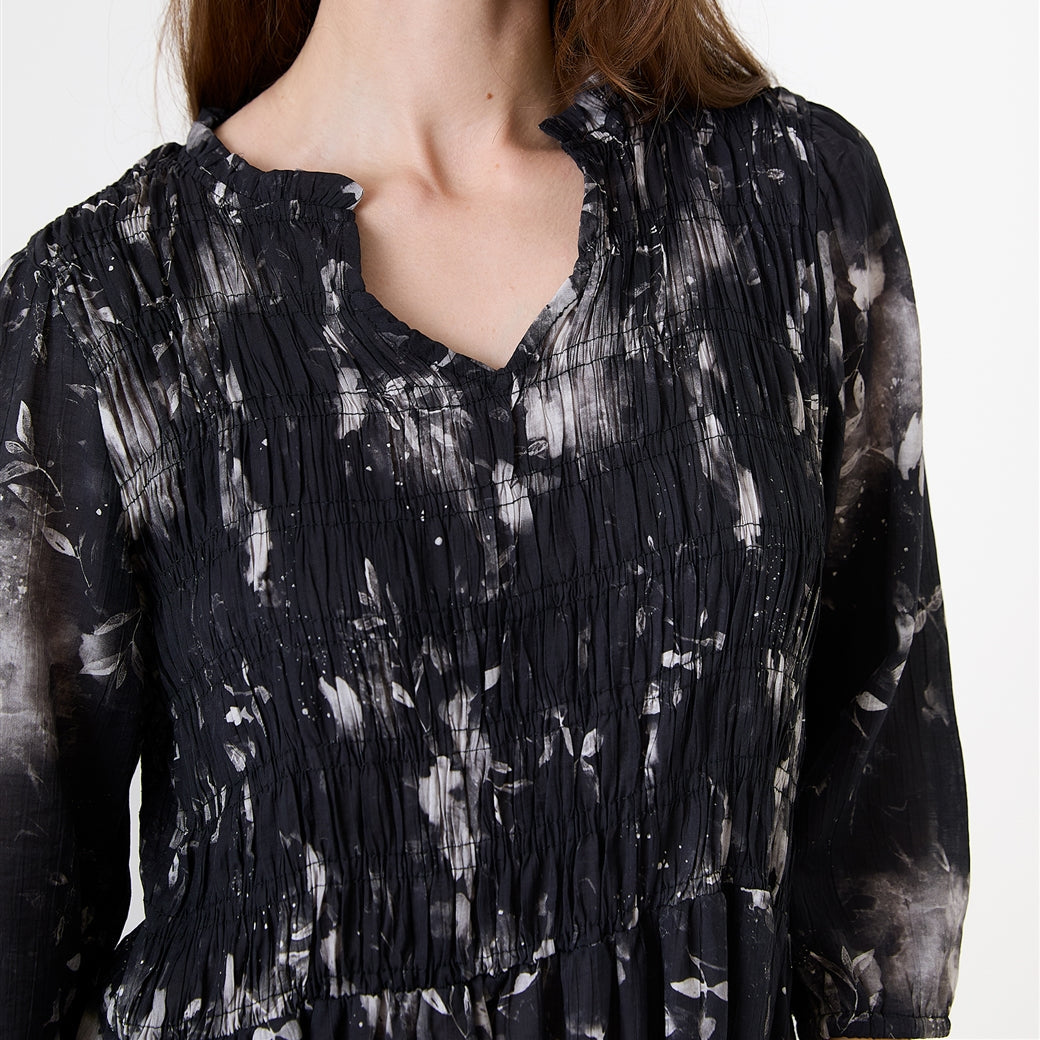 Floral Foliage Shirring Notch Neck Dress