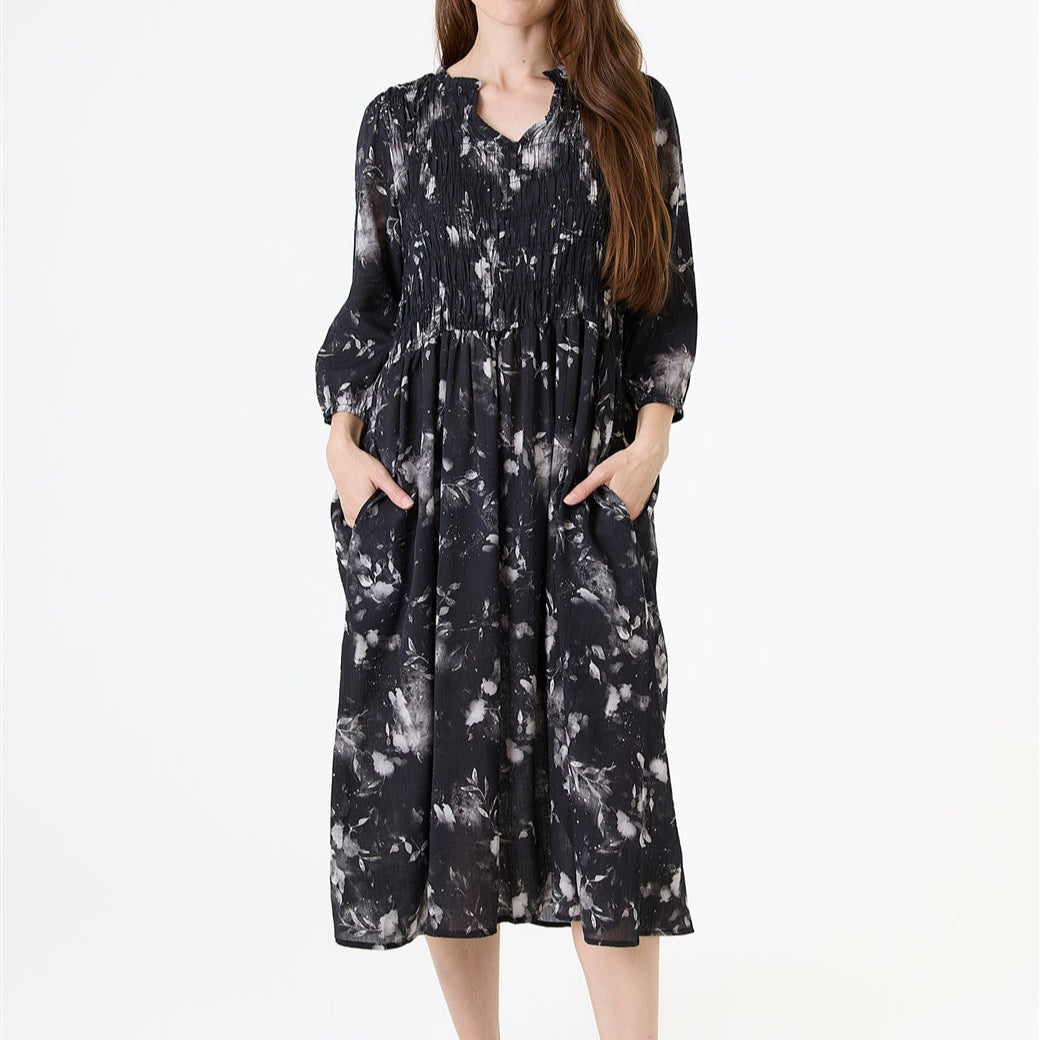 Floral Foliage Shirring Notch Neck Dress