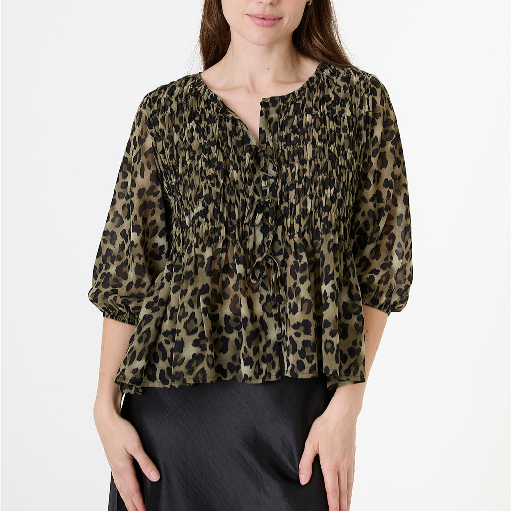 Leopard Print Chiffon Tie Front Shirring Blouse
