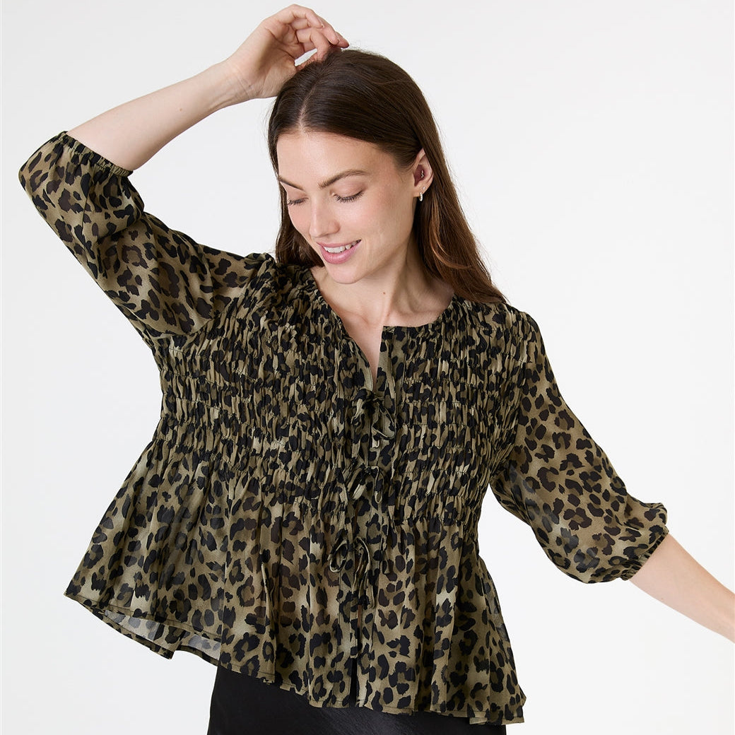 Leopard Print Chiffon Tie Front Shirring Blouse