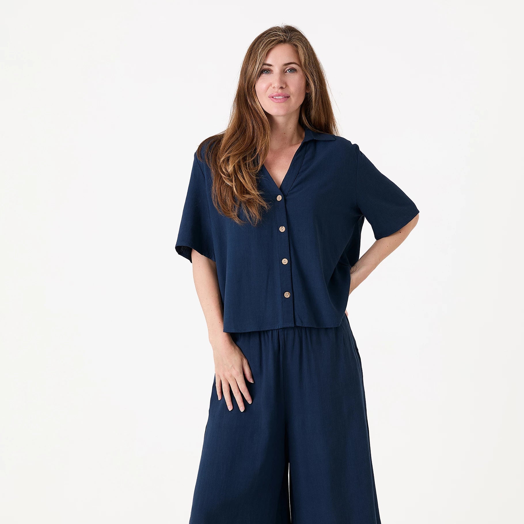 Linen Viscose Short Sleeve Notch Neck Boxy Shirt