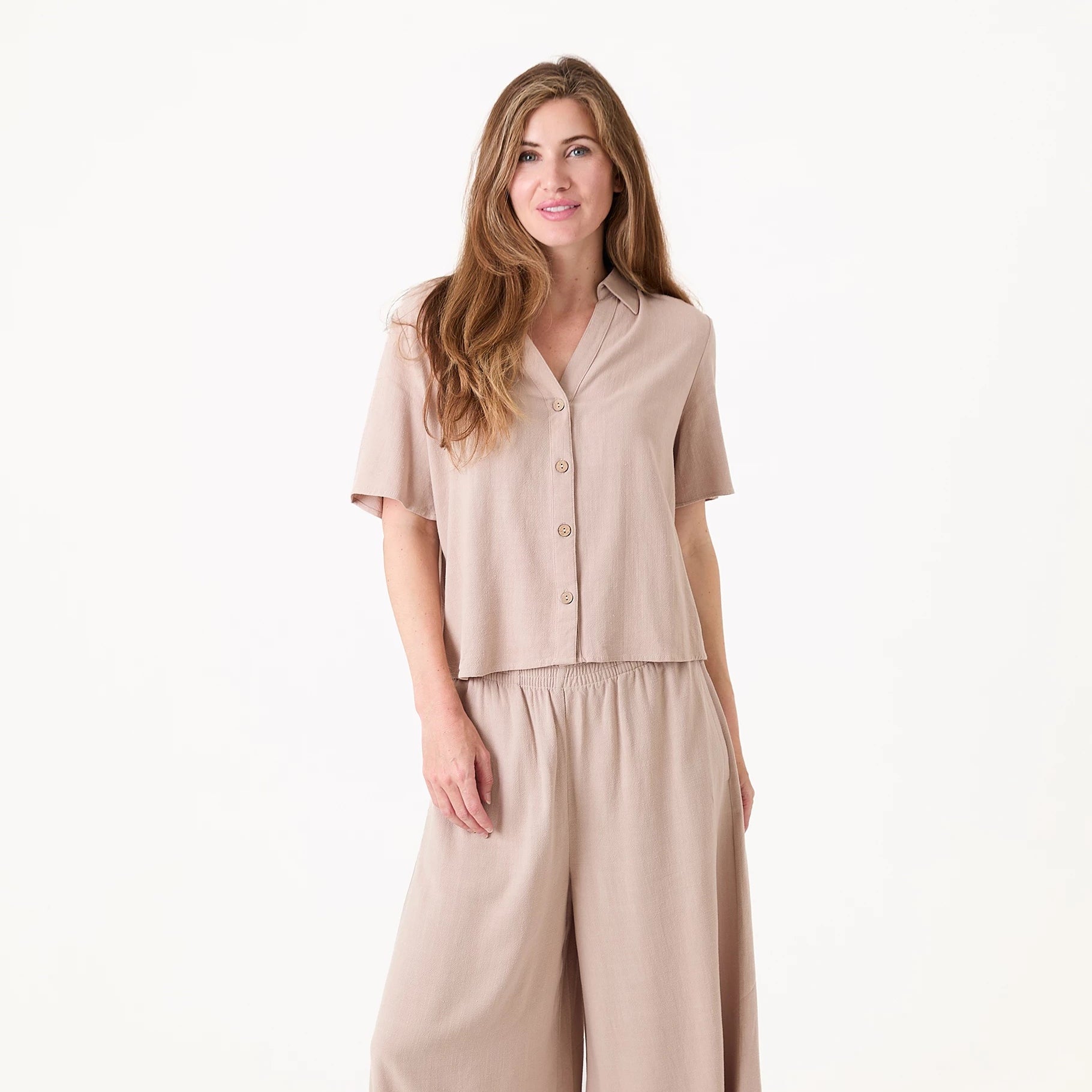 Linen Viscose Short Sleeve Notch Neck Boxy Shirt