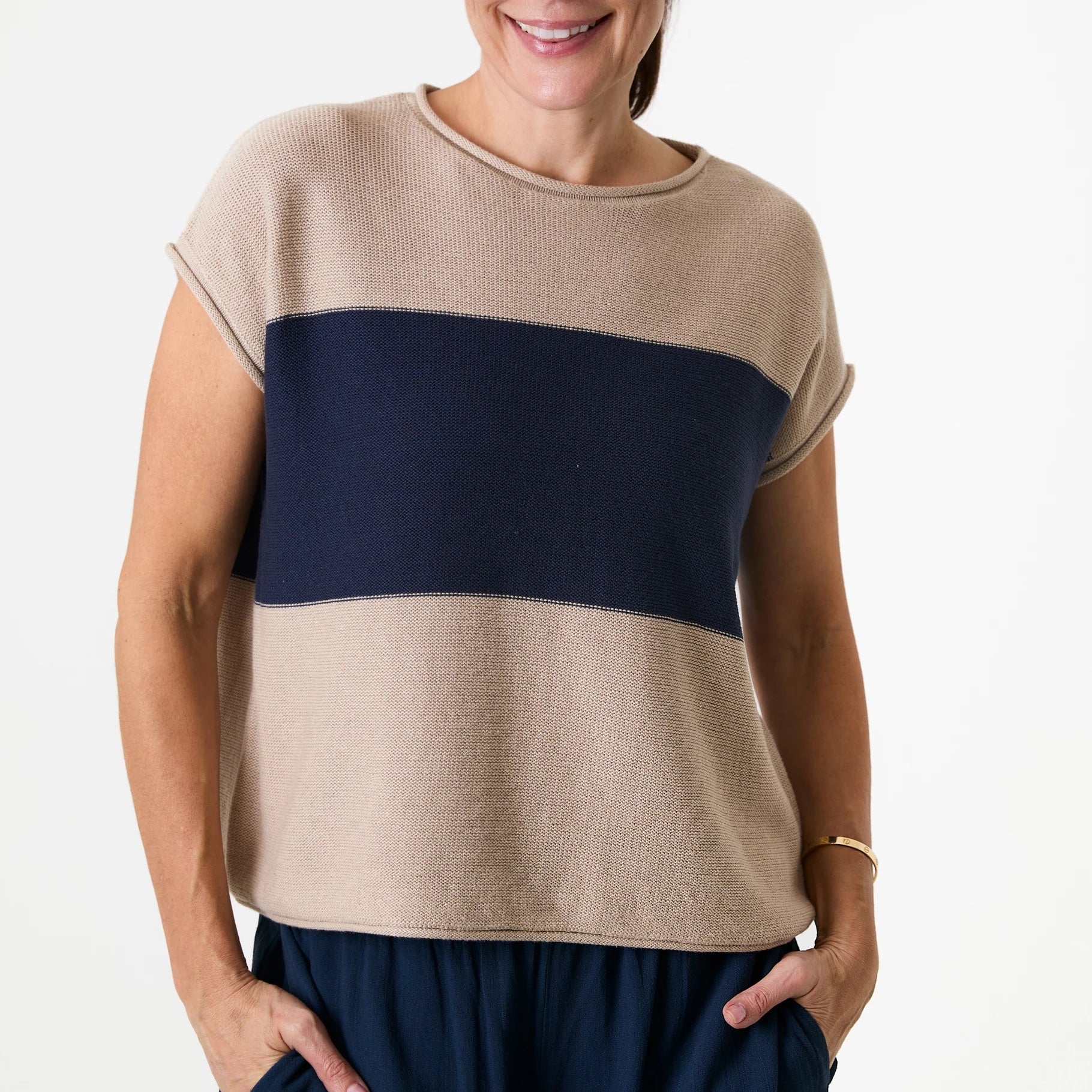 Cotton Mix Block Stripe Sleeveless Jumper