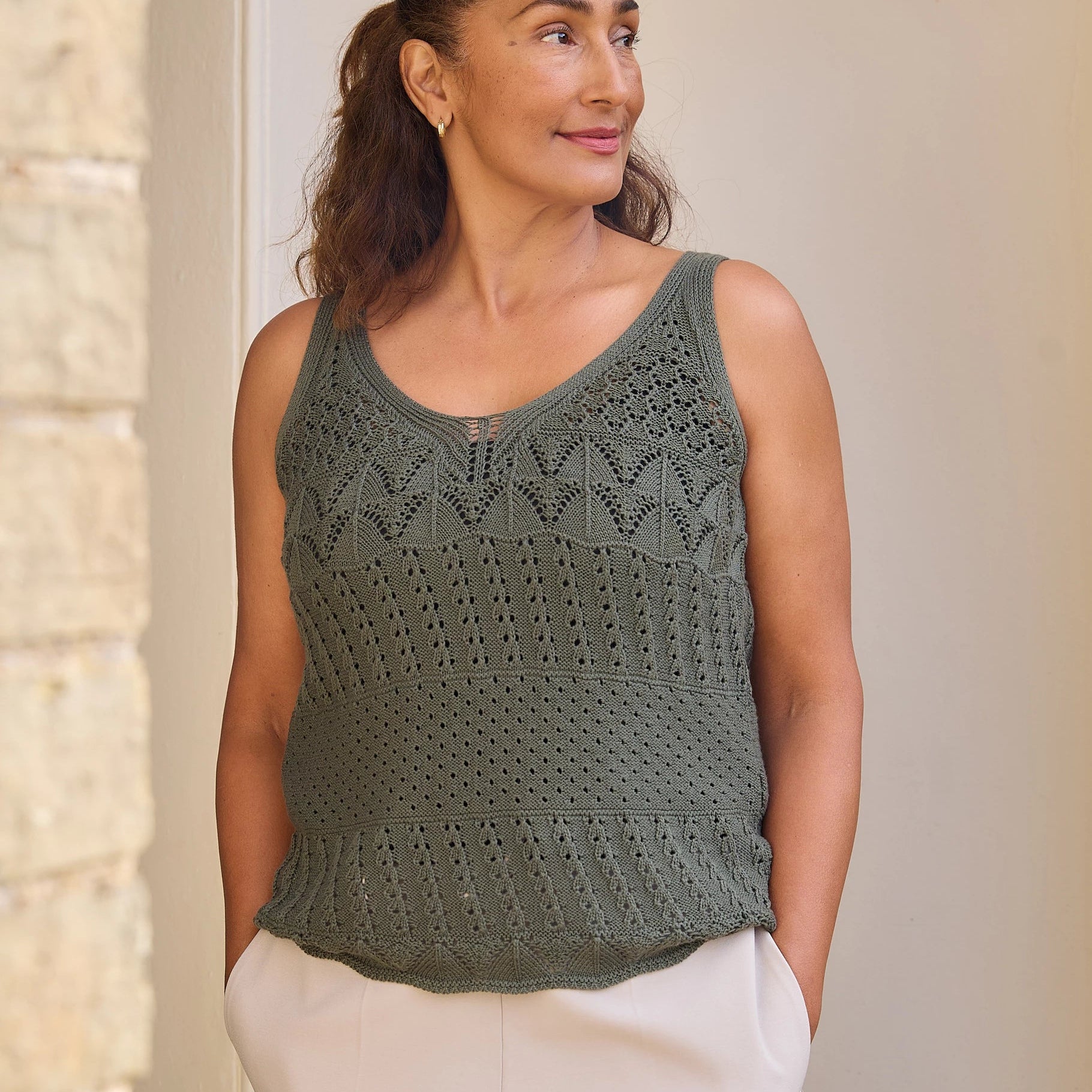 Cotton Mix Pointelle V Neck Vest Top