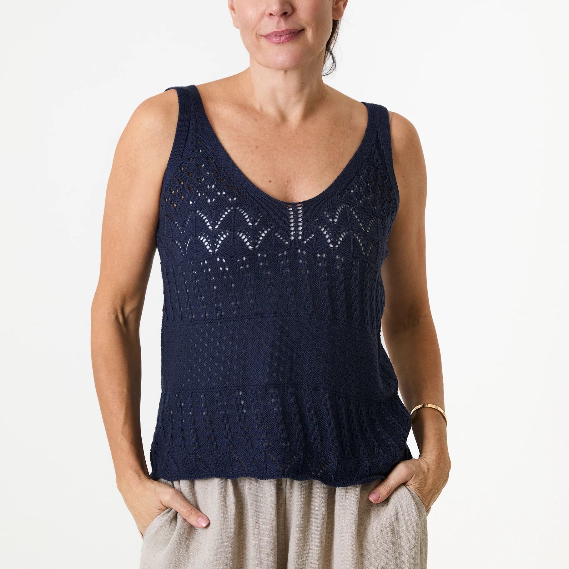 Cotton Mix Pointelle V Neck Vest Top