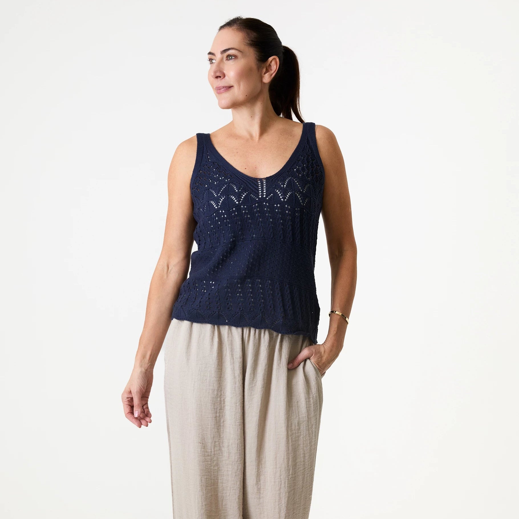 Cotton Mix Pointelle V Neck Vest Top
